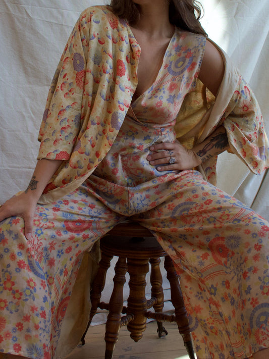 1930s All Over Japanese Print Pongee Silk Lounge Jumpsuit