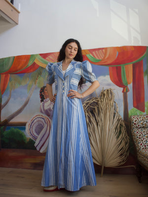 1930s Extreme Puff Sleeve Striped Chambray Floor Length Duster