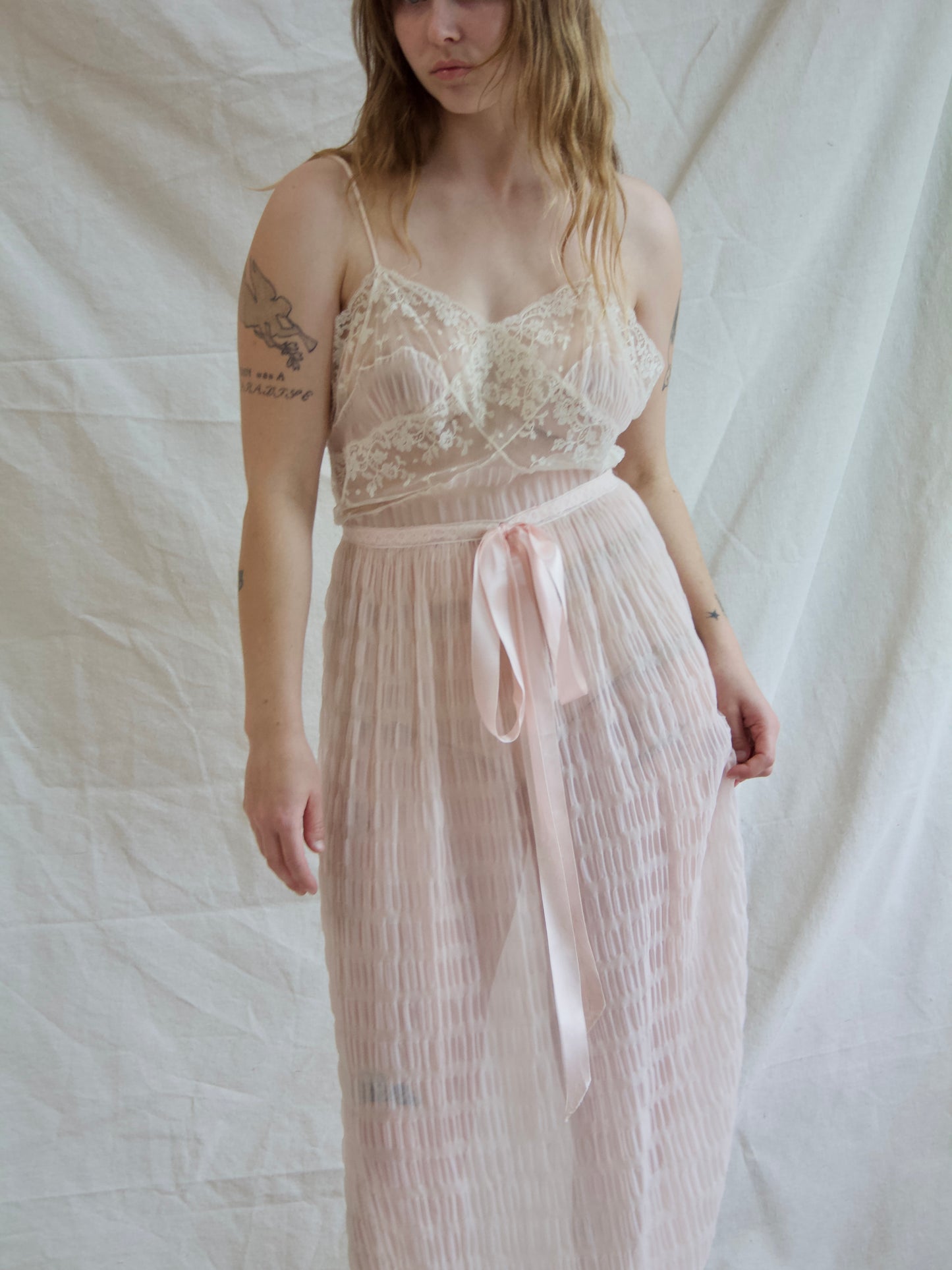 1940s I.Magnin Pale Pink Nylon & Lace Silk Satin Slip Dress