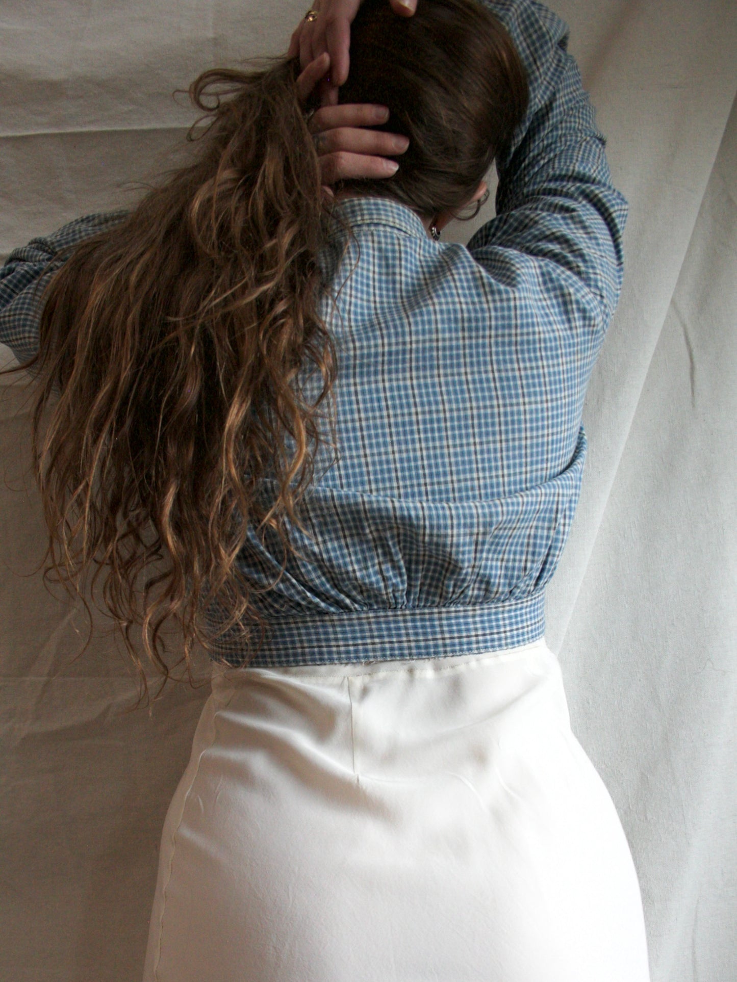 Antique 19th C Primitive Indigo Check Cropped Workwear Blouse