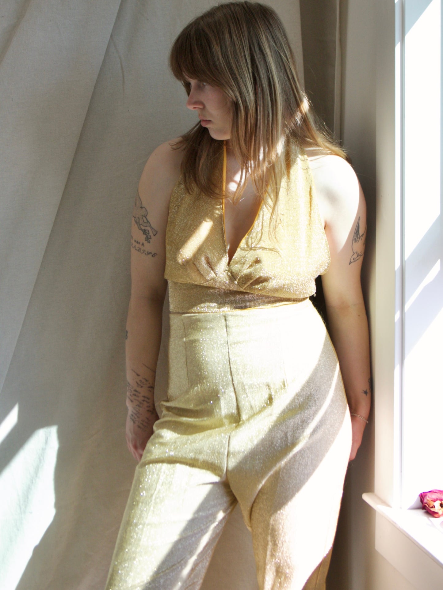 1970s Disco Shimmery Gold Lurex Halter Top