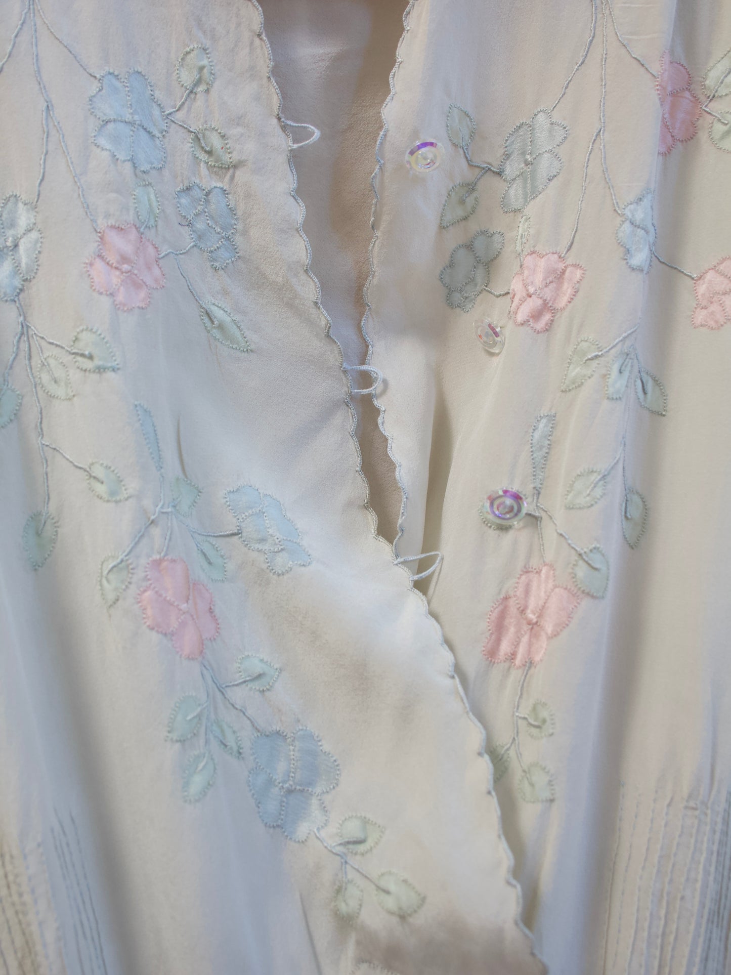 1930s Pale Seafoam Silk Floral Appliqué Slip Dress
