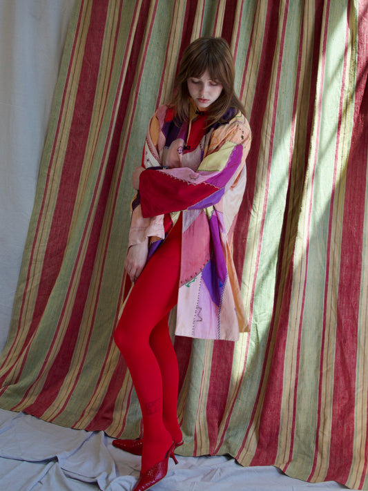 1940s Neon Rayon Crazy Quilt Bell Sleeve Tunic Style Jacket