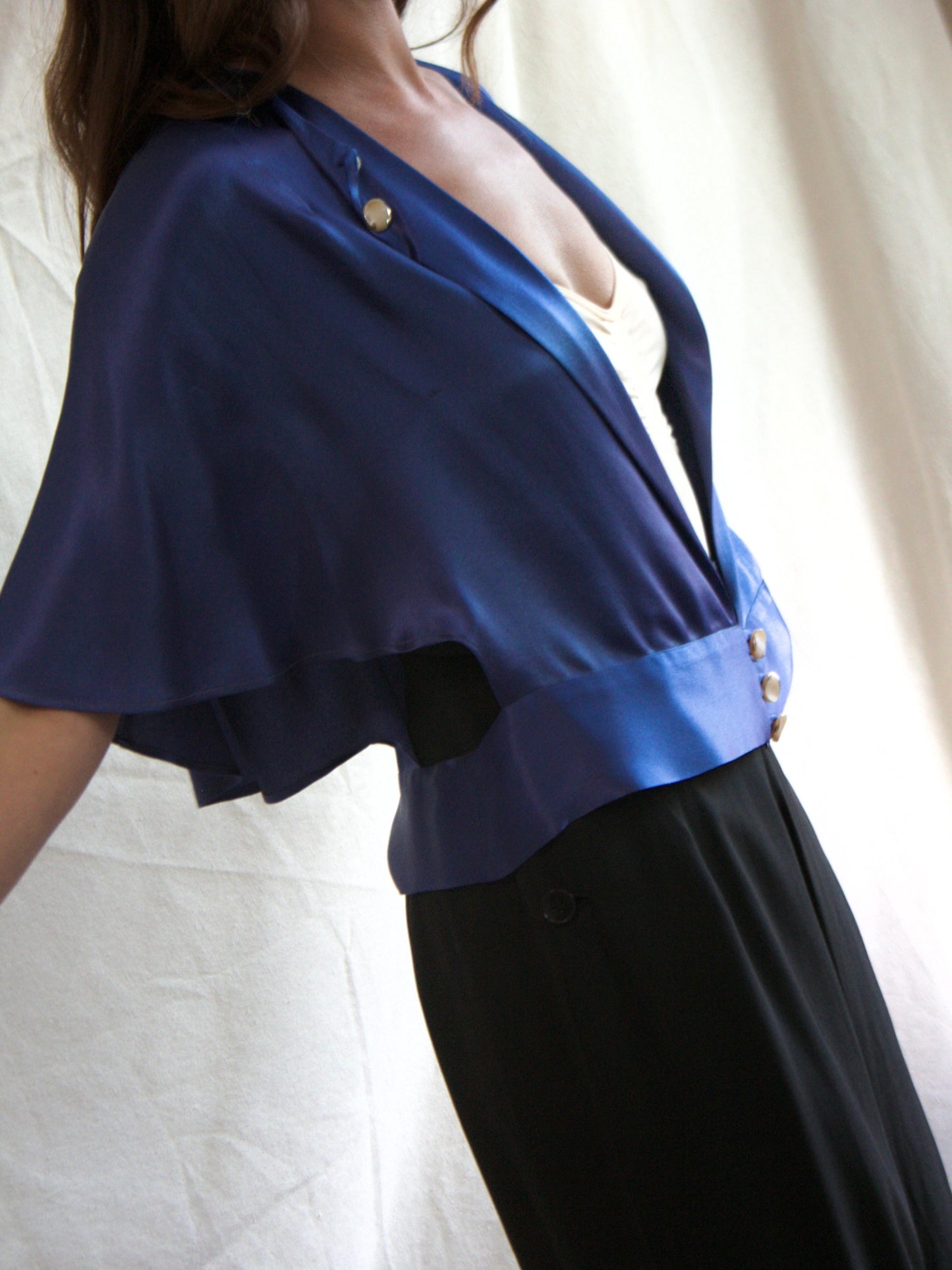 1930s Cobalt Blue Silk Plunging Open Side Capelet Blouse