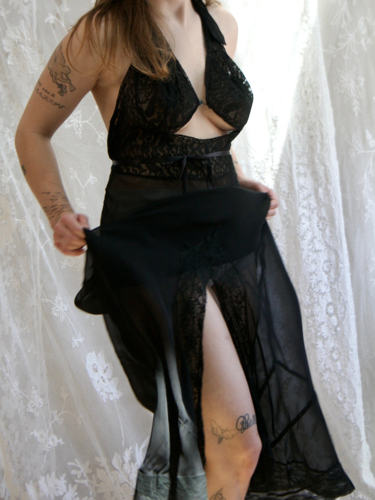 1940s Sheer Rayon Halter Lace Midriff Cutout Lingerie Gown