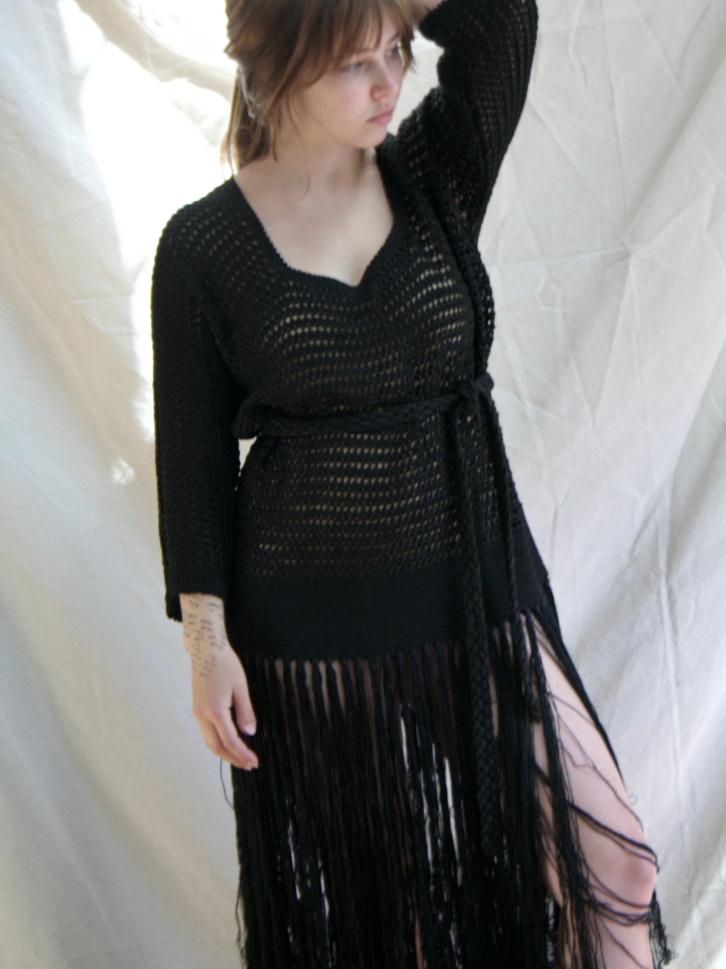 Antique 1920s Inky Black Rayon Knit Fringe Tunic Dress
