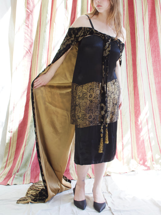 Antique 1920s Art Nouveau Lamé Silk Charmeuse Drop Waist Dress