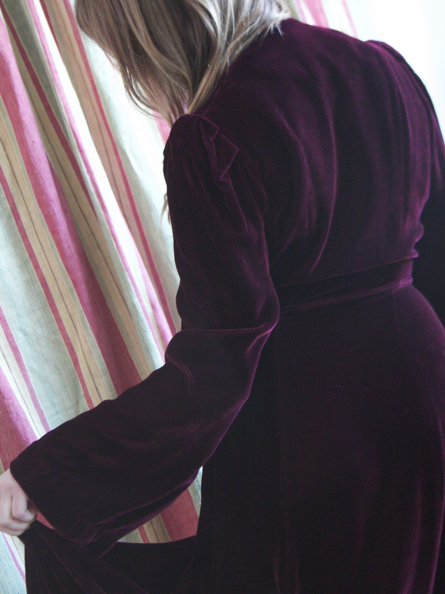 1940s Studded Merlot Velveteen Strong Shoulder Wrap Gown