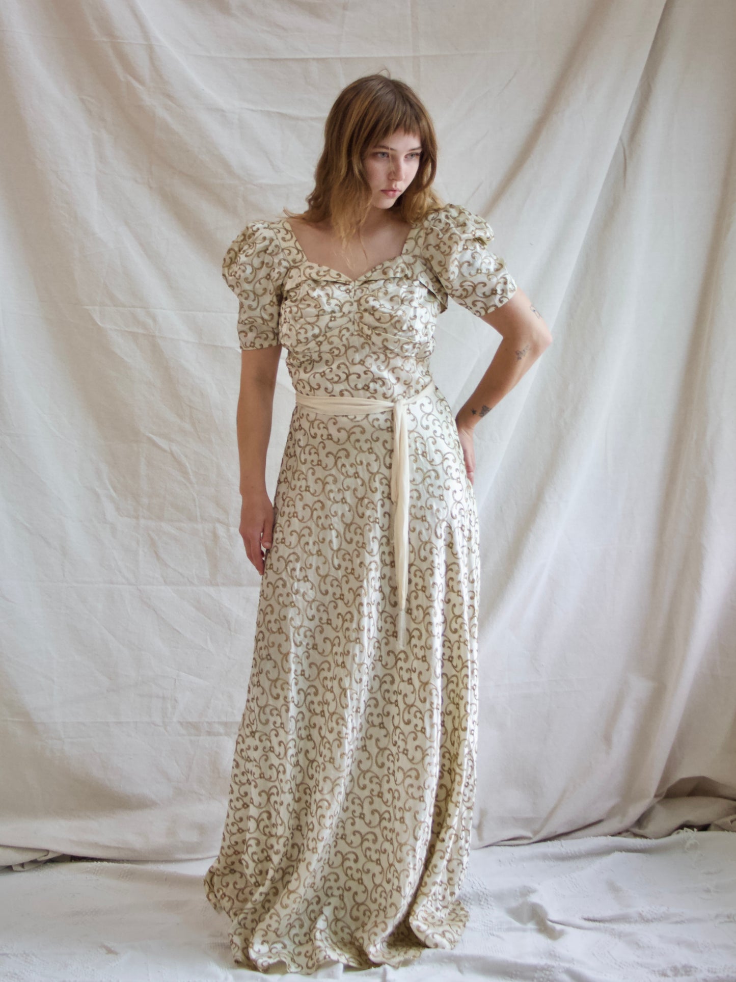 1930s Candlelight Silk Satin Lamé Embroidered Puff Sleeve Sweetheart Gown