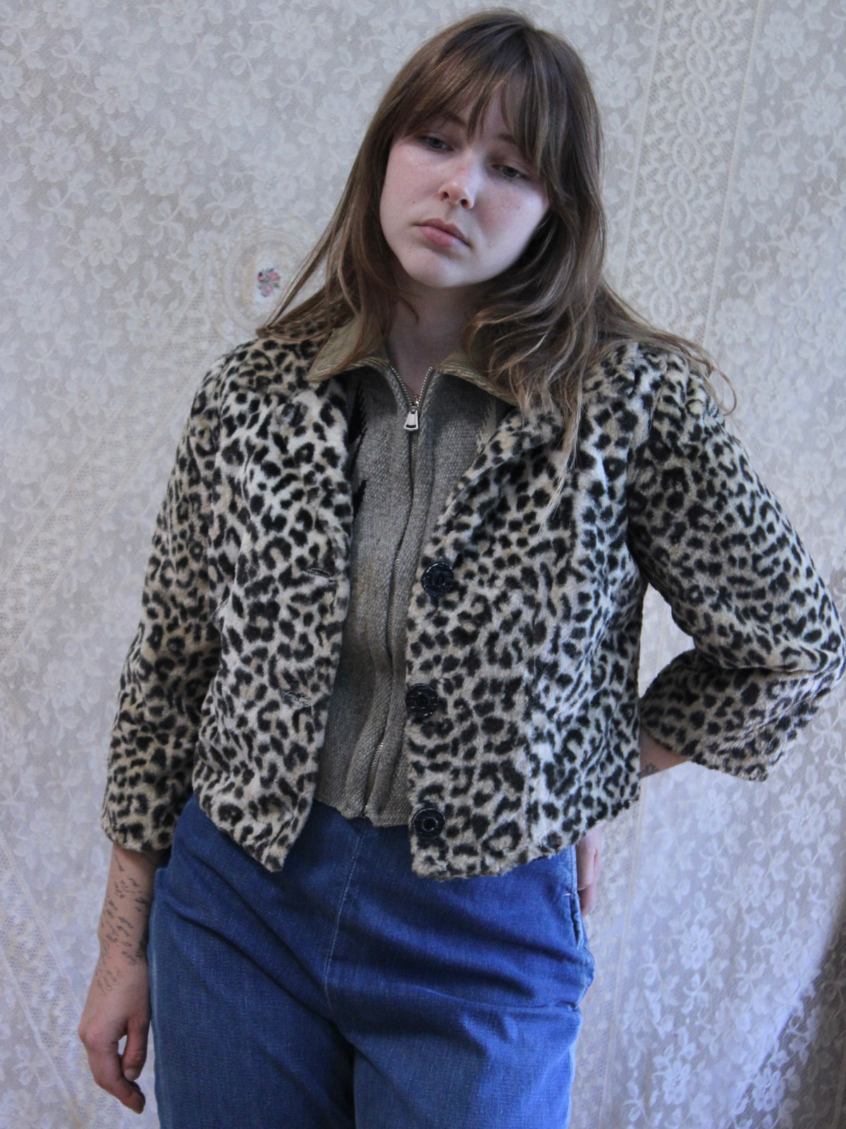 1950s Leopard Print Faux Fur Cropped Jacket