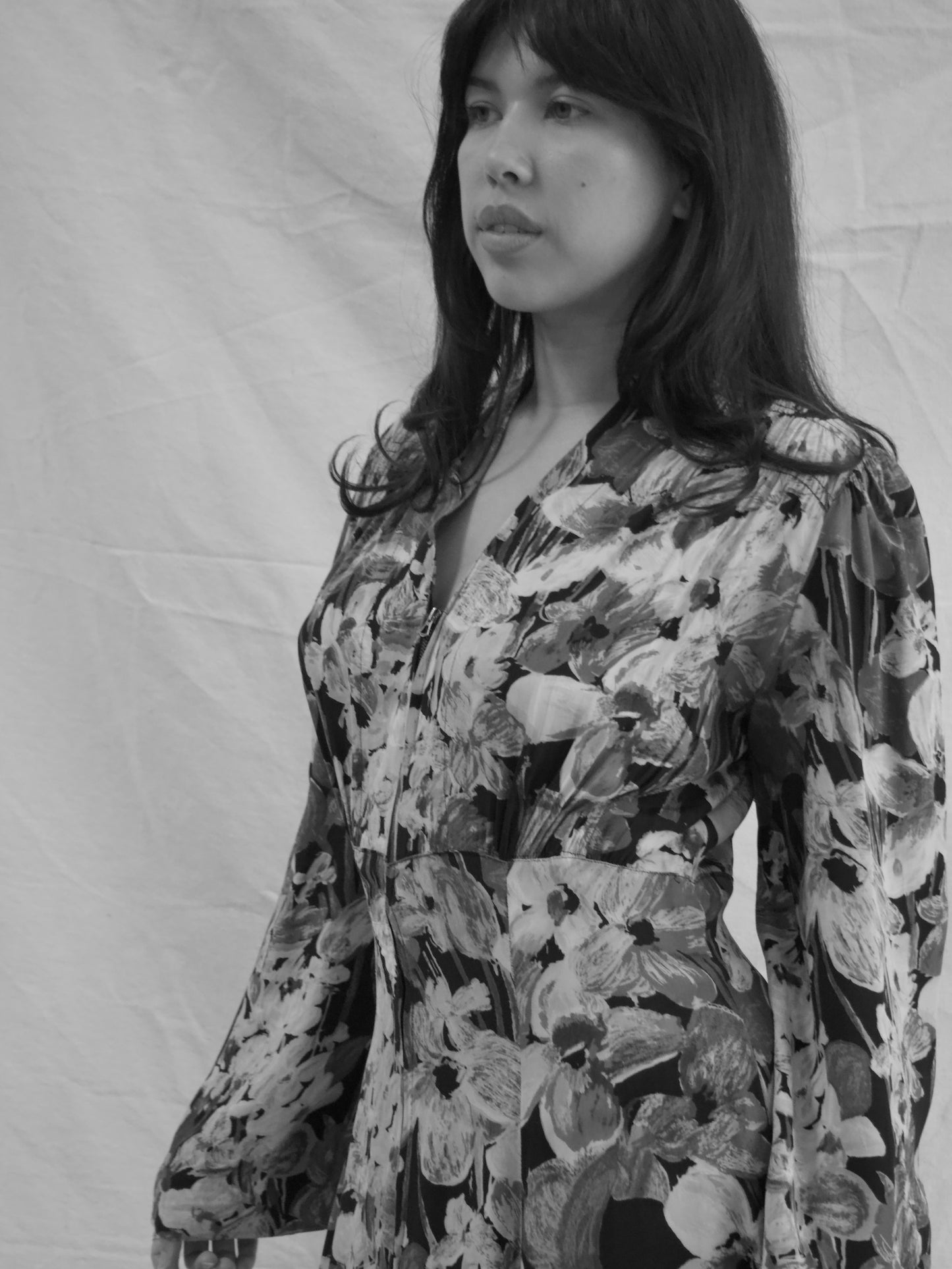 1930s Zip Front Puff Bell Sleeve Floral Silk Crepe Dress