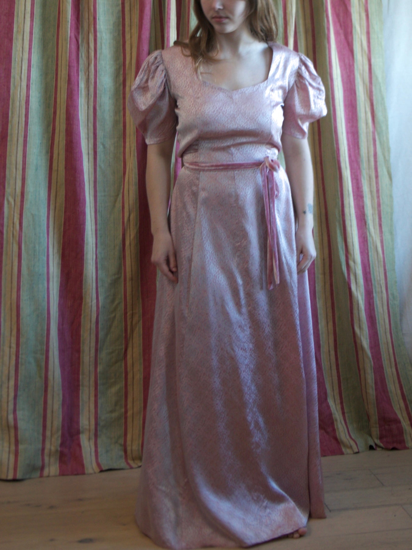 1940s Puff Sleeve Printed Rayon Satin Belted Dress