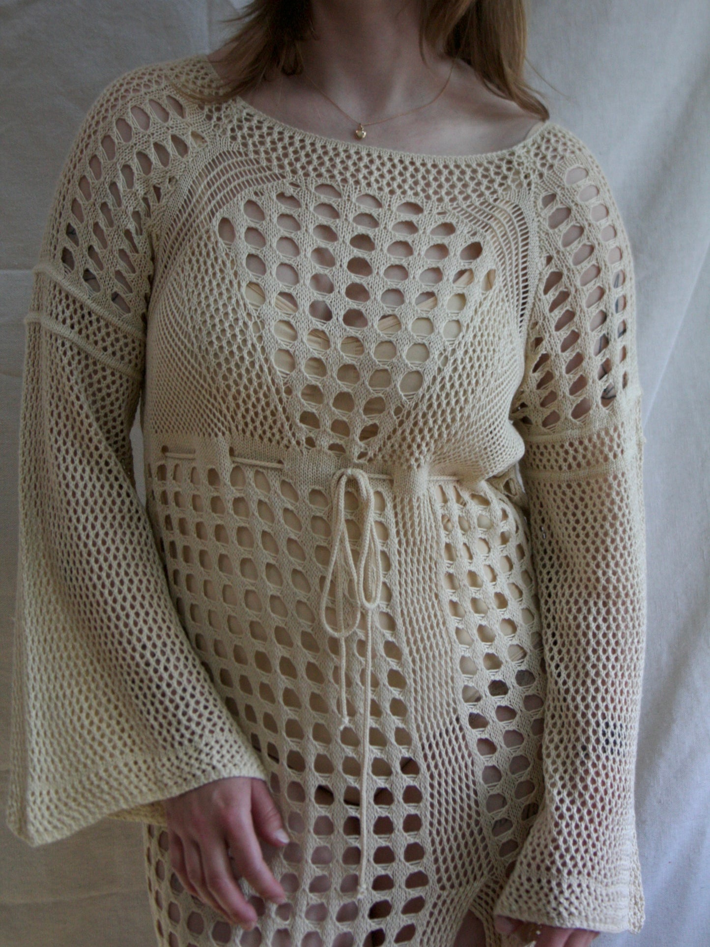 1970s Soft Cotton Bell Sleeve Open Knit Cover Up Dress