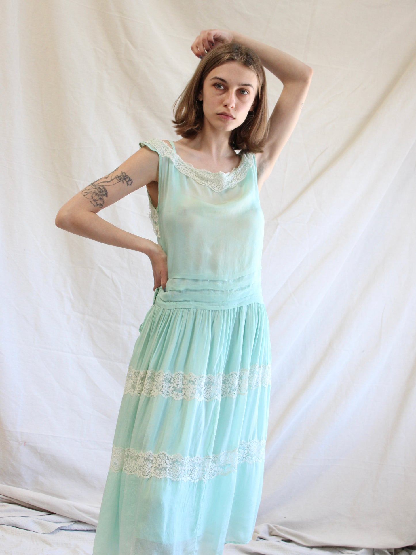 1920s Insertion Lace Mint Chiffon Day Dress