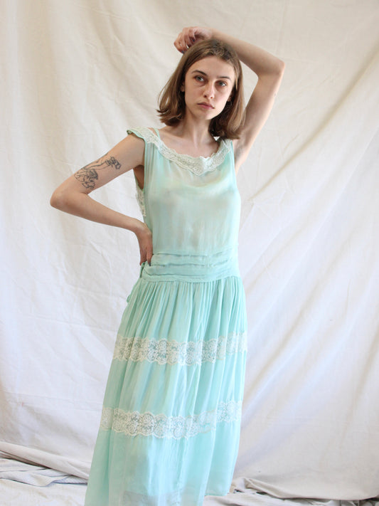 1920s Insertion Lace Mint Chiffon Day Dress