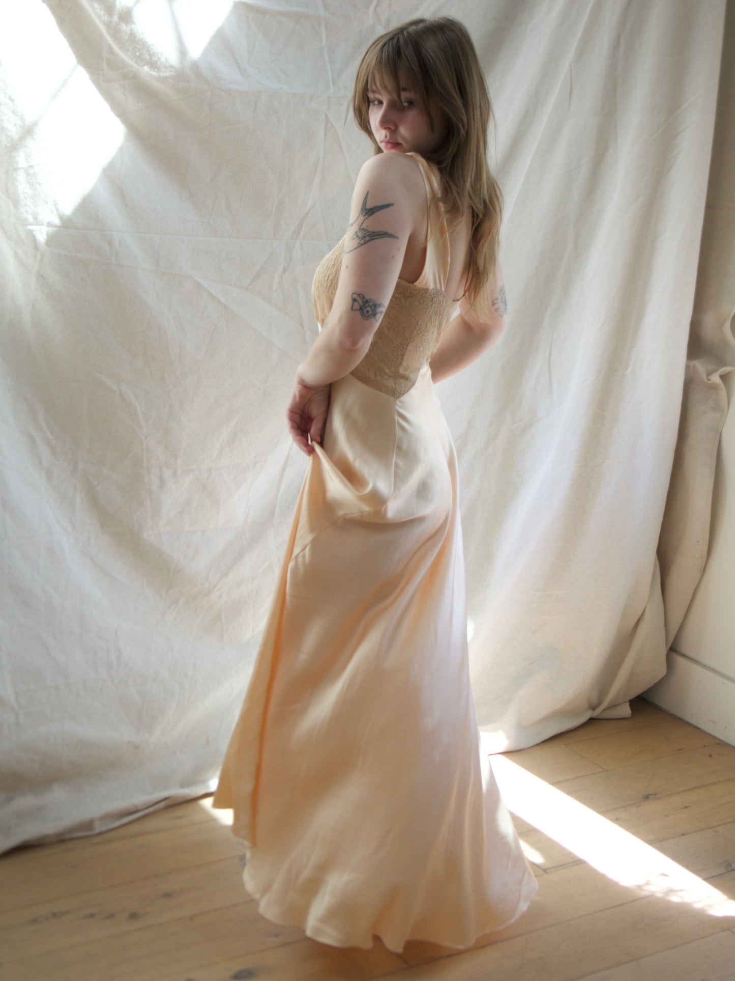 1930s Blush Pink Silk Ecru Lace Bias Cut Slip Gown