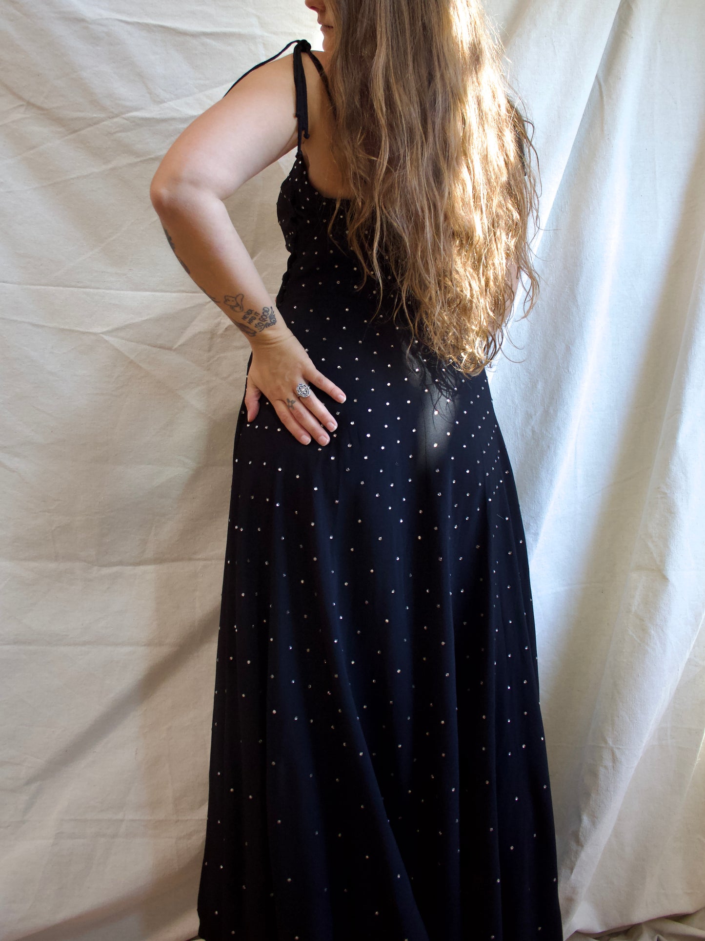 1930s Diamanté Rayon Crete Jet Black Tie Shoulder Gown