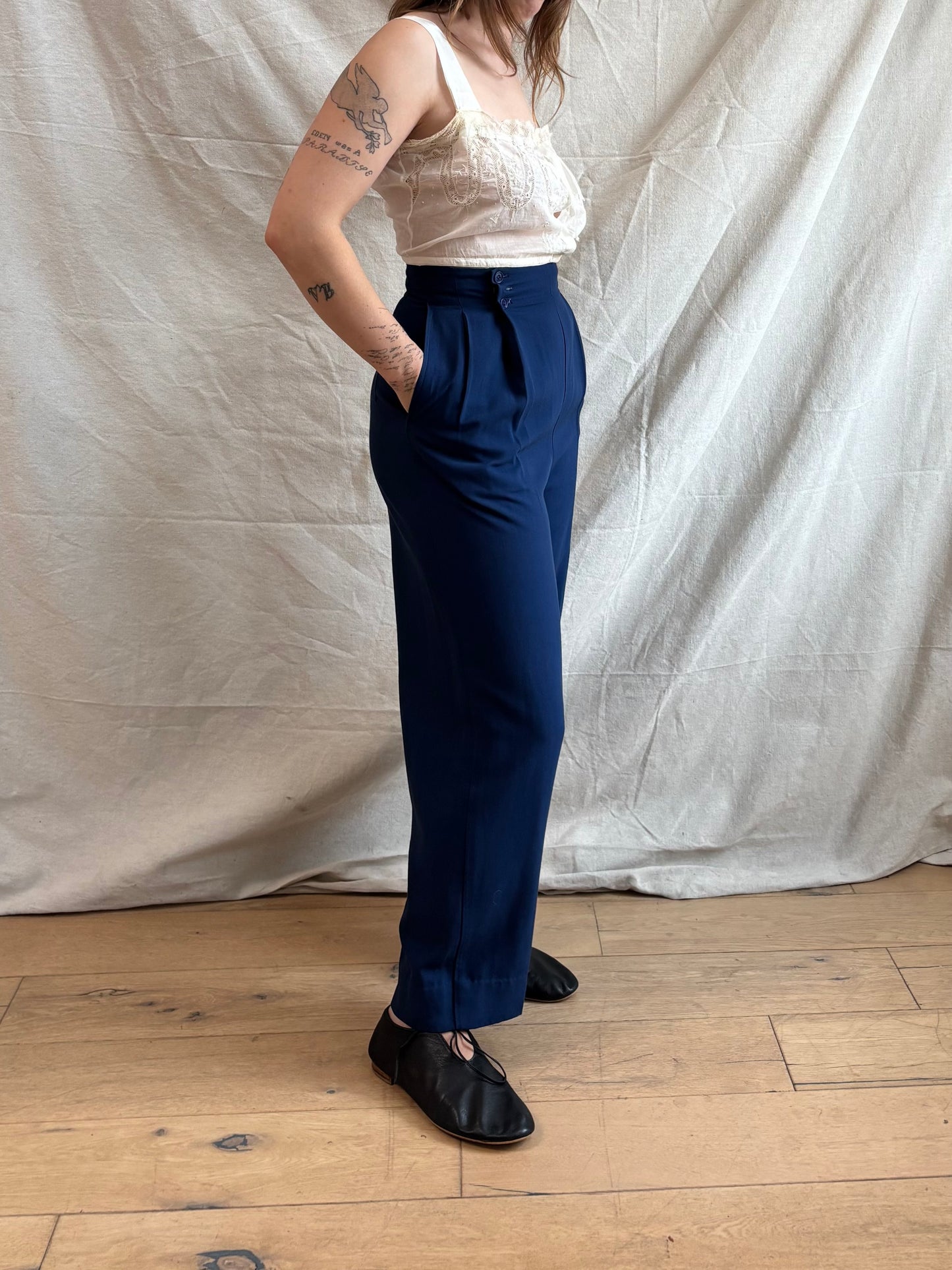 1940s NOS Fall Front Indigo Pleat Front Trousers