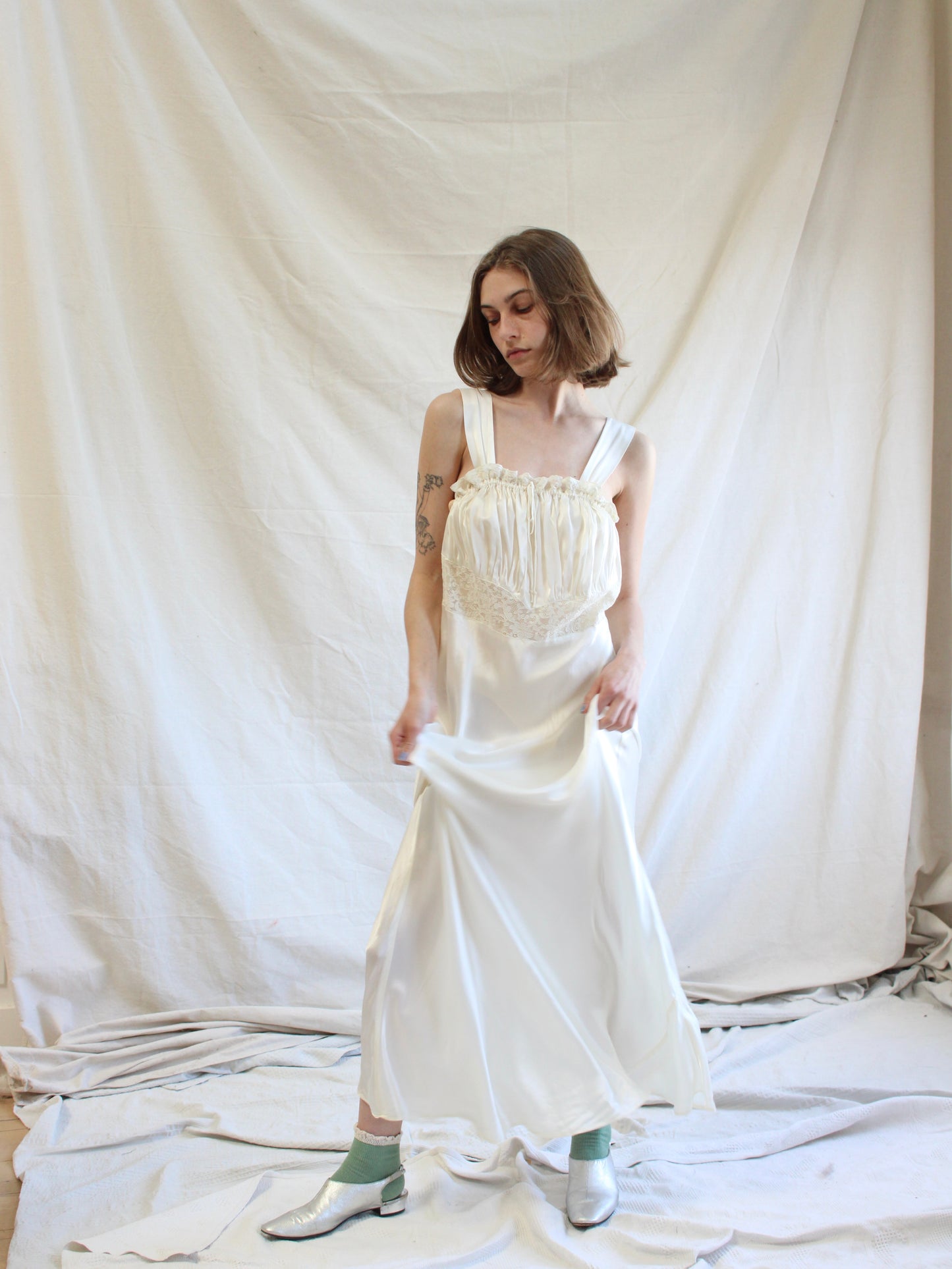 1940s Lace & Ivory Liquid Satin Ruffle Trim Bias Cut Slip Dres