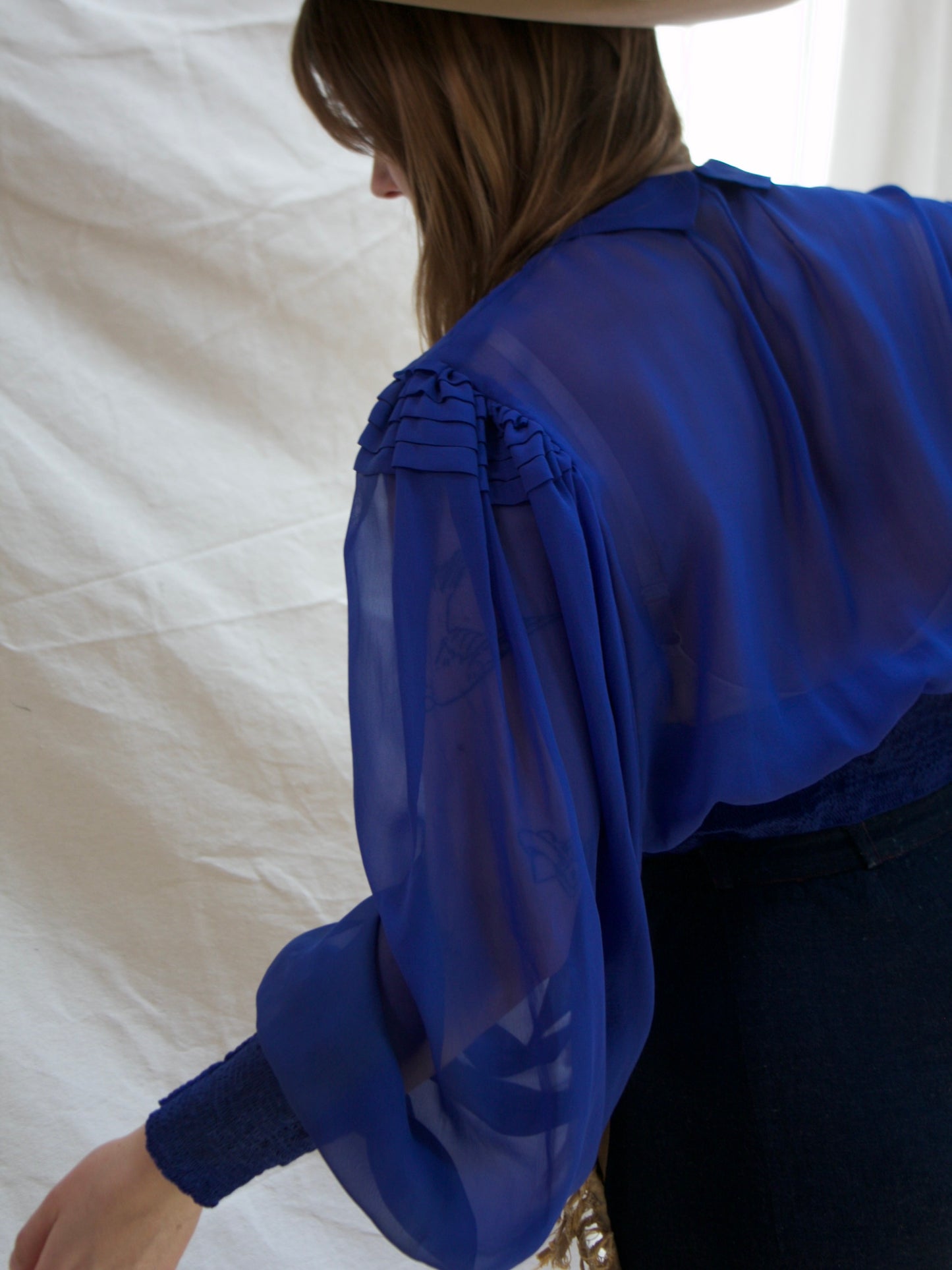 1930s Cobalt Chiffon Bishop Sleeve Smocked Blouse