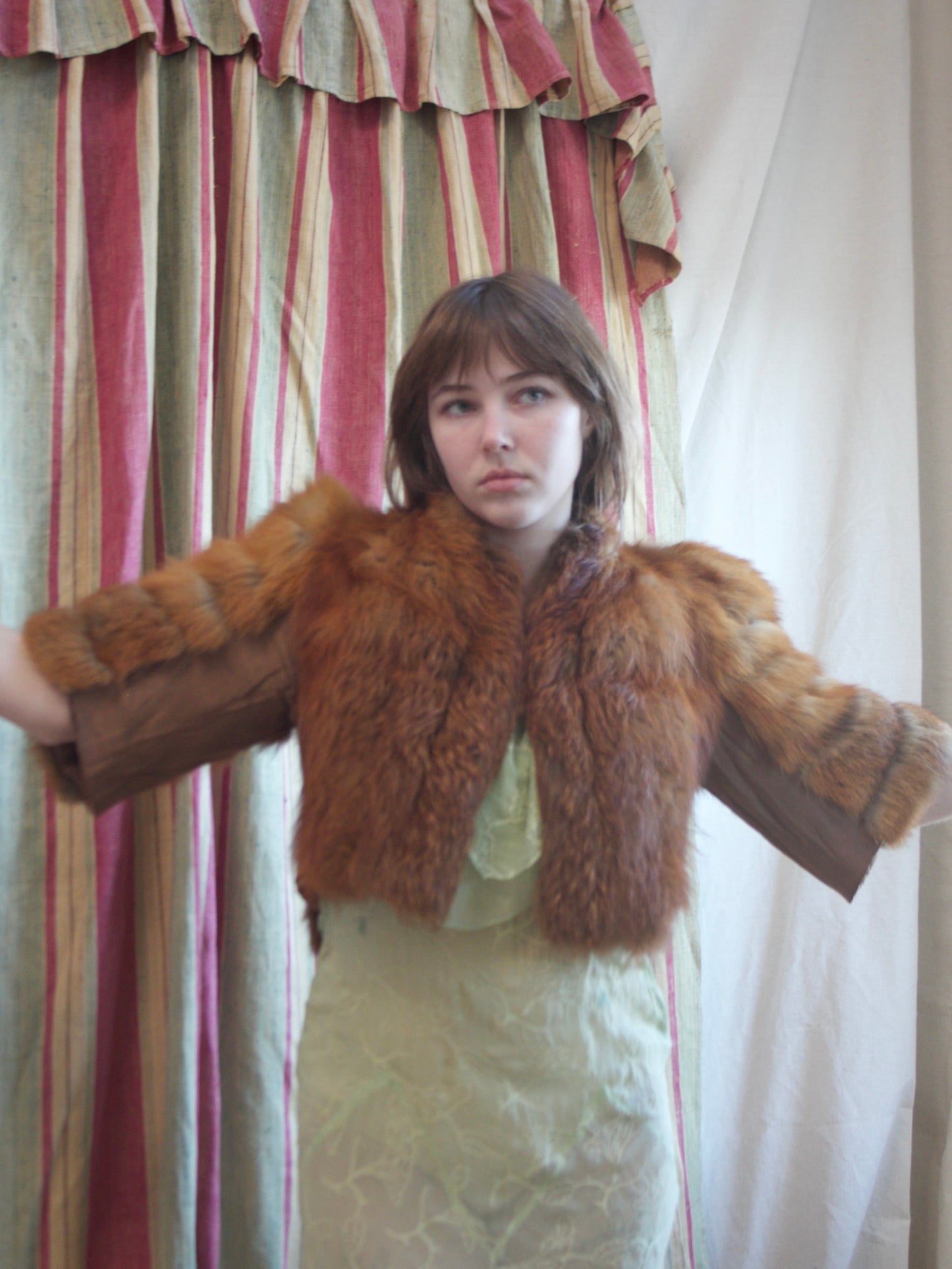1940s Strong Shoulder Fox Fur & Silk Satin Cropped Jacket