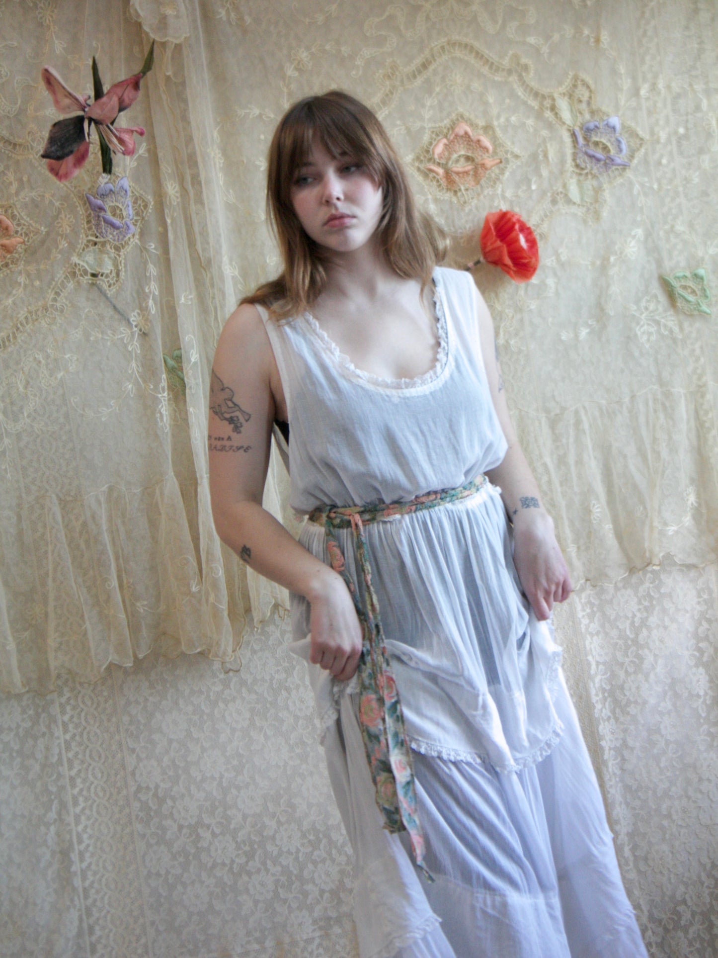 1920s Cotton Lawn Lace Trim Tiered Dress