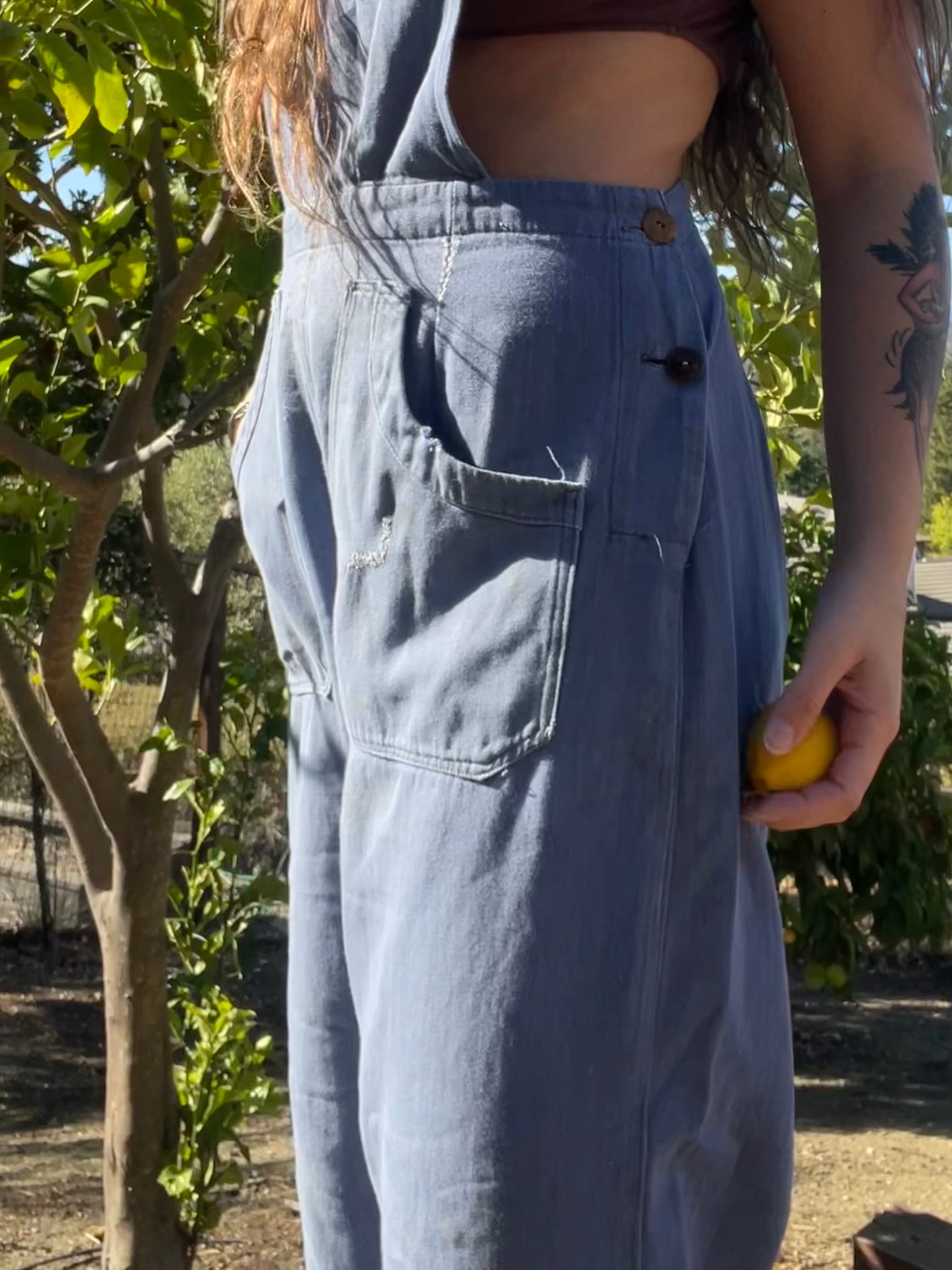 1940s Indigo Cotton Workwear Bib Front Side Button Overalls