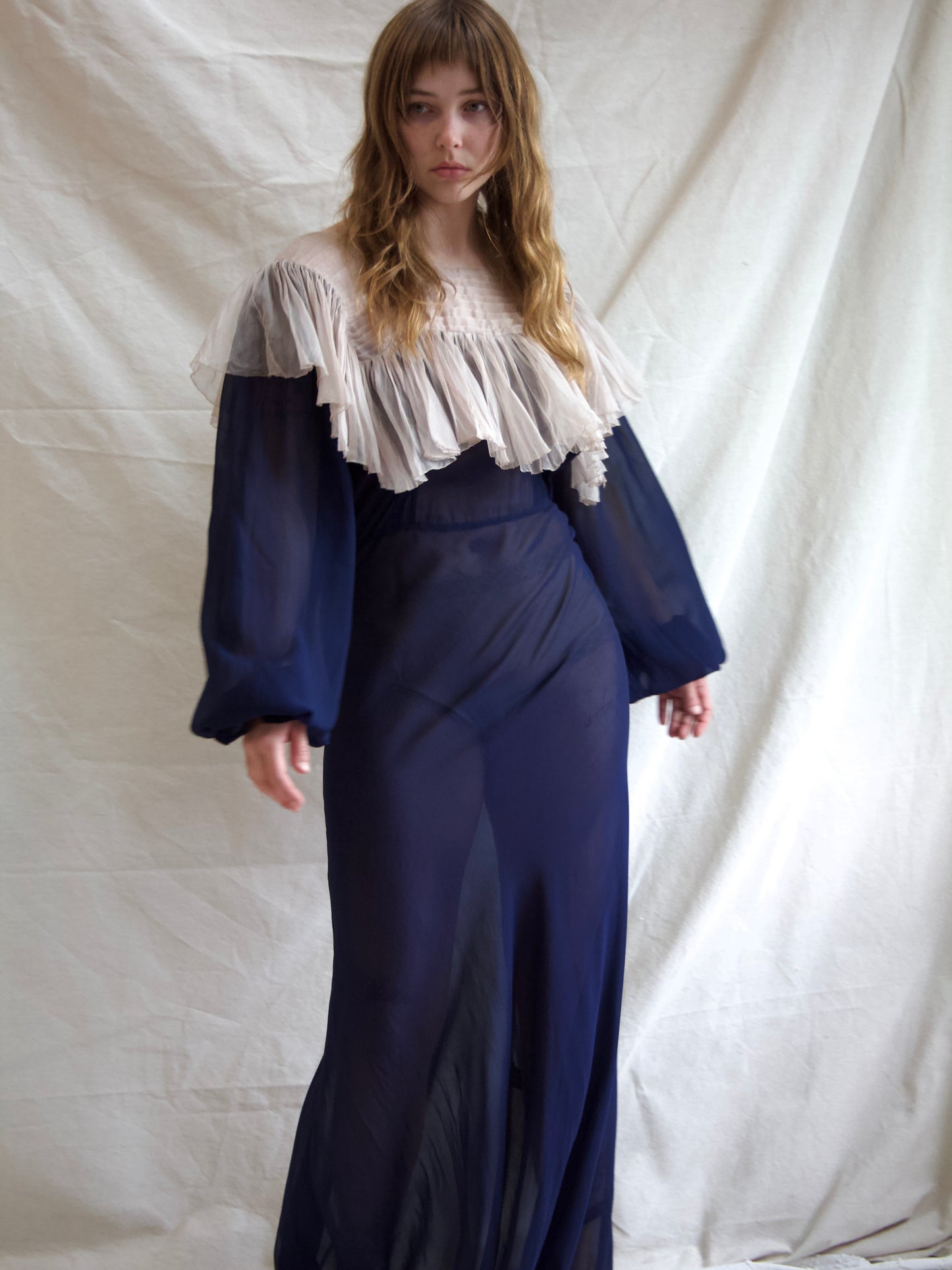 1930s Neckline Flounce Deep Navy Chiffon Bias Cut Bishop Sleeve Gown
