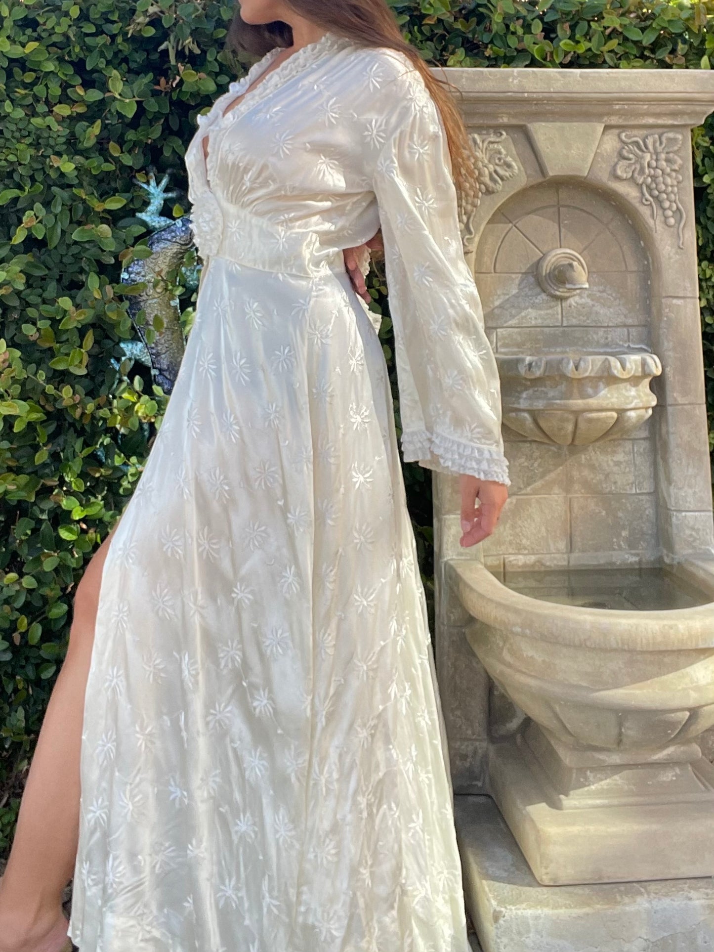 1940s Bridal Slipper Satin Bell Sleeve Embroidered Peignoir Dress