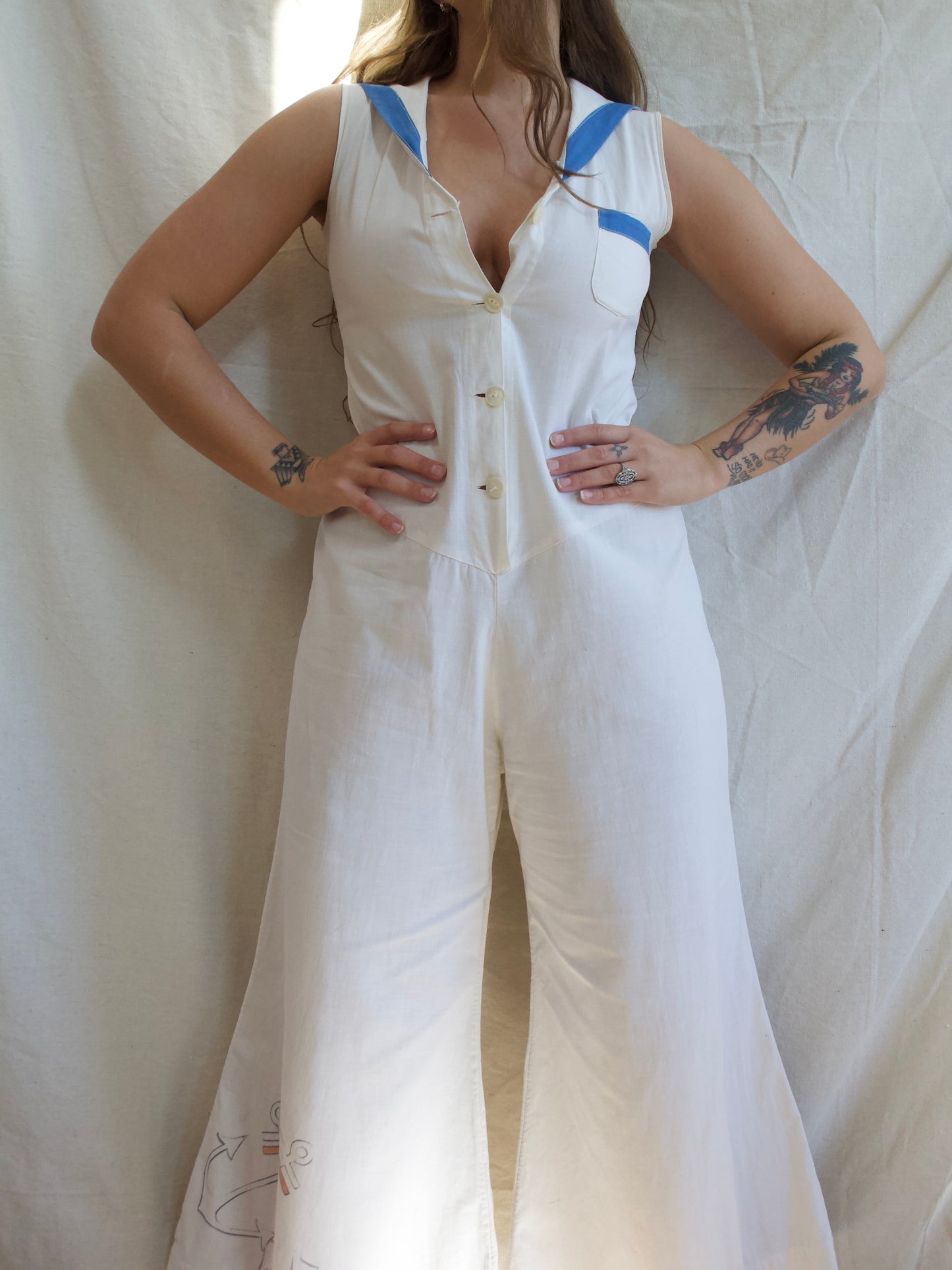 Rare 1930s Linen Hand Drawn Sailor Beach Pajamas