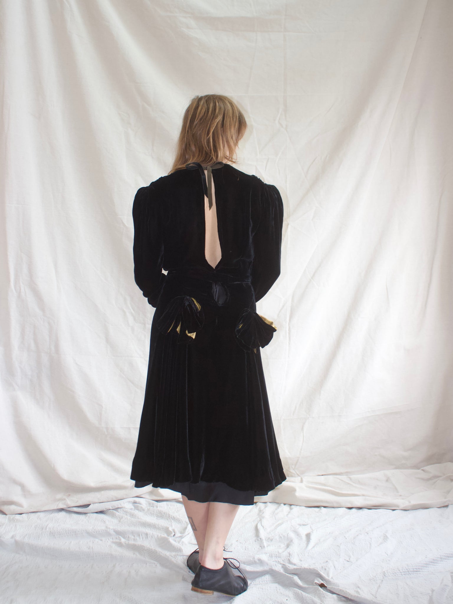 1930s Jet Black Silk Velvet Puff Sleeve Mid Length Low Back Lamé Bow Trim Dress