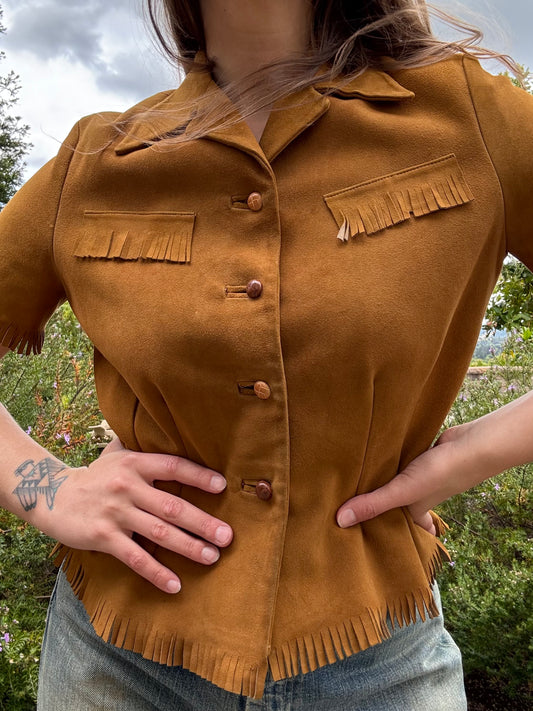 1940s Suede Leather Fringe Button Front Western Blouse