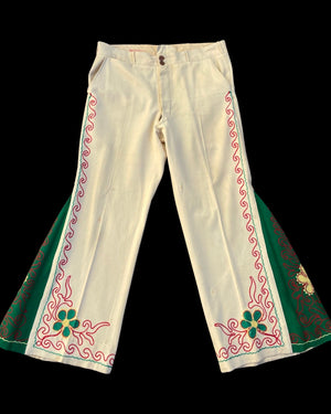 1930s Custom Made Floral Motif Chain Stitched Kick Flare Wool Pants