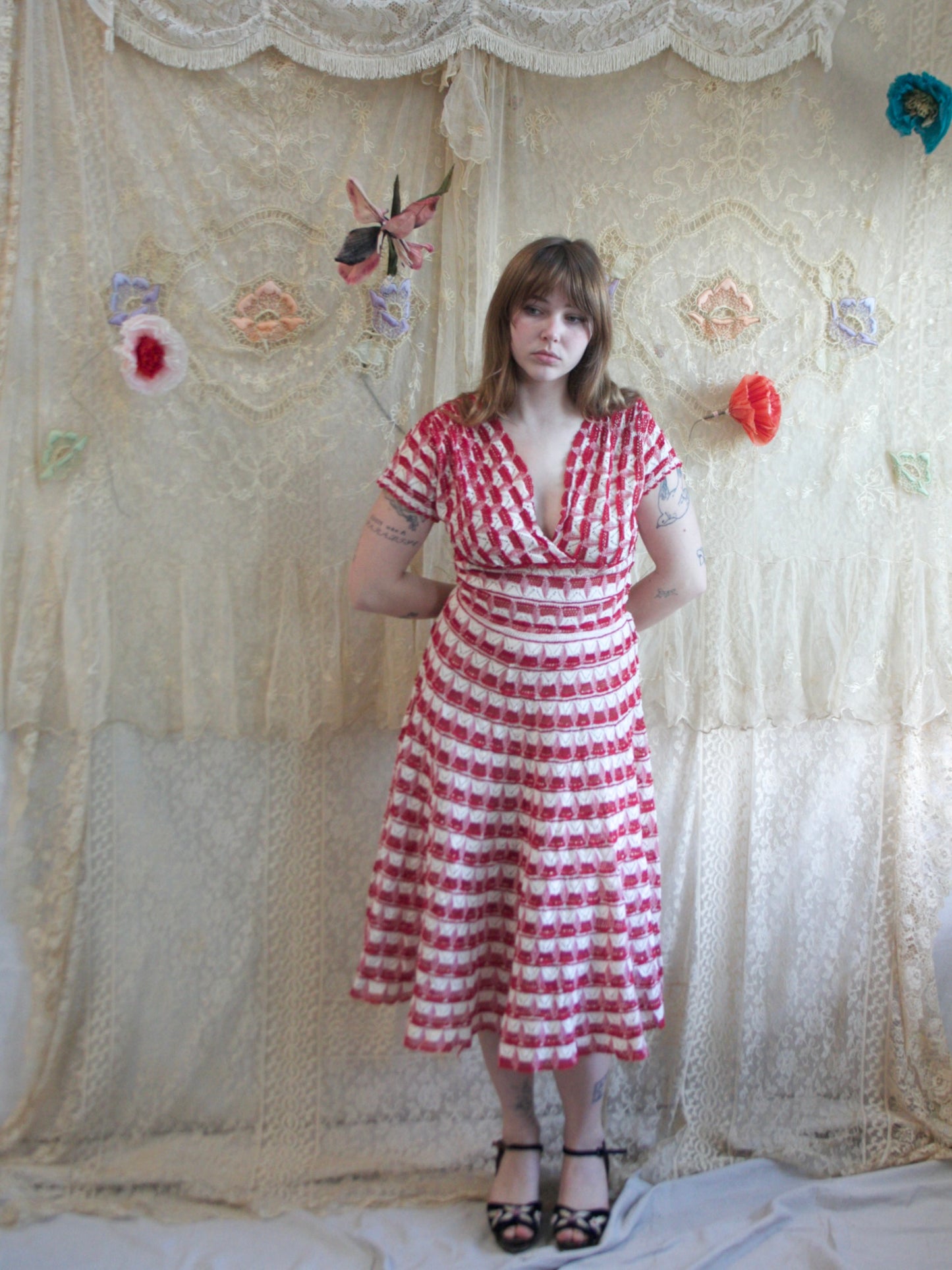 1950s Red/ White Crochet Knit Dress