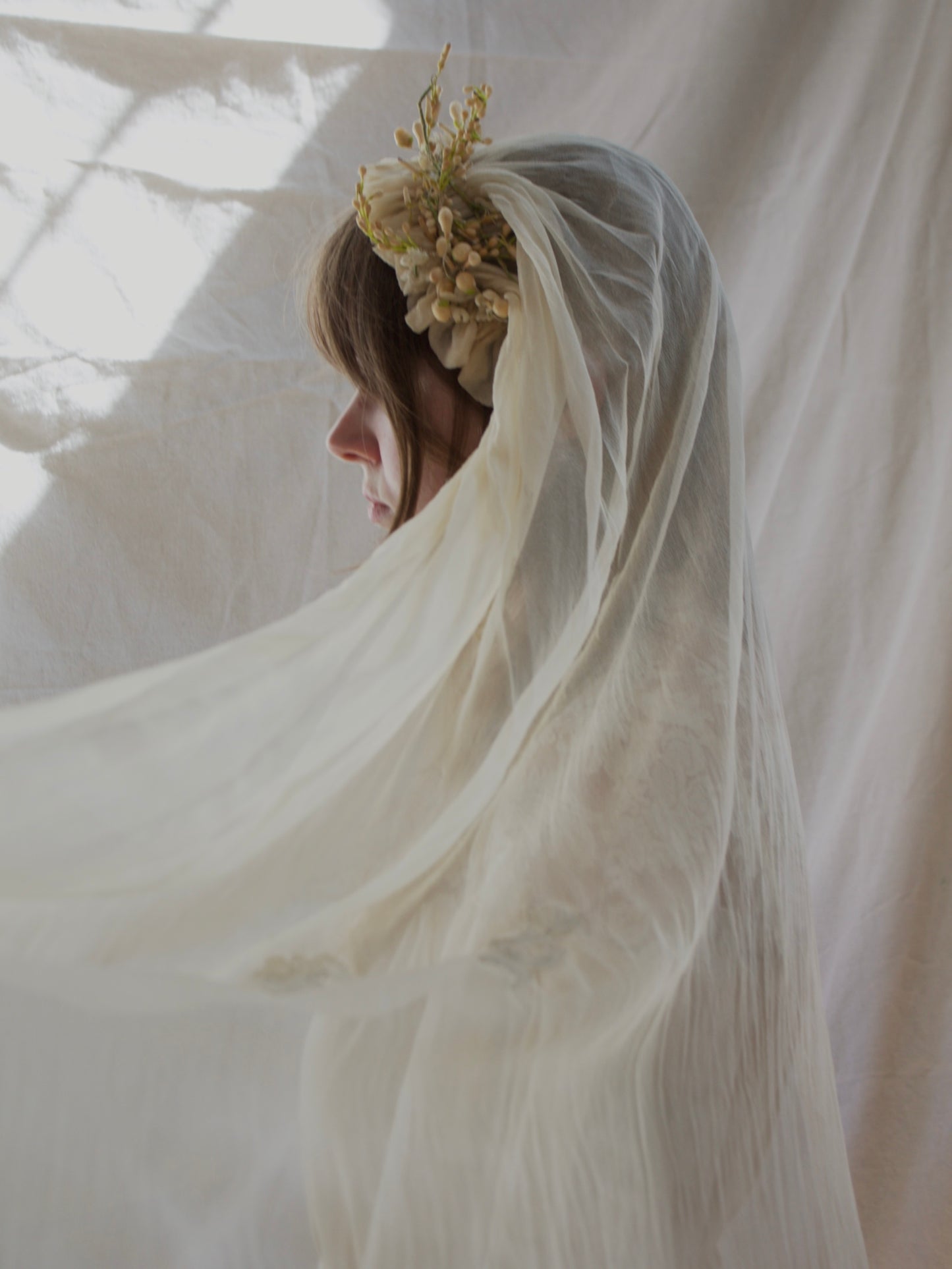 Antique Edwardian Wax Flower Crown Chiffon Applique Bridal Veil