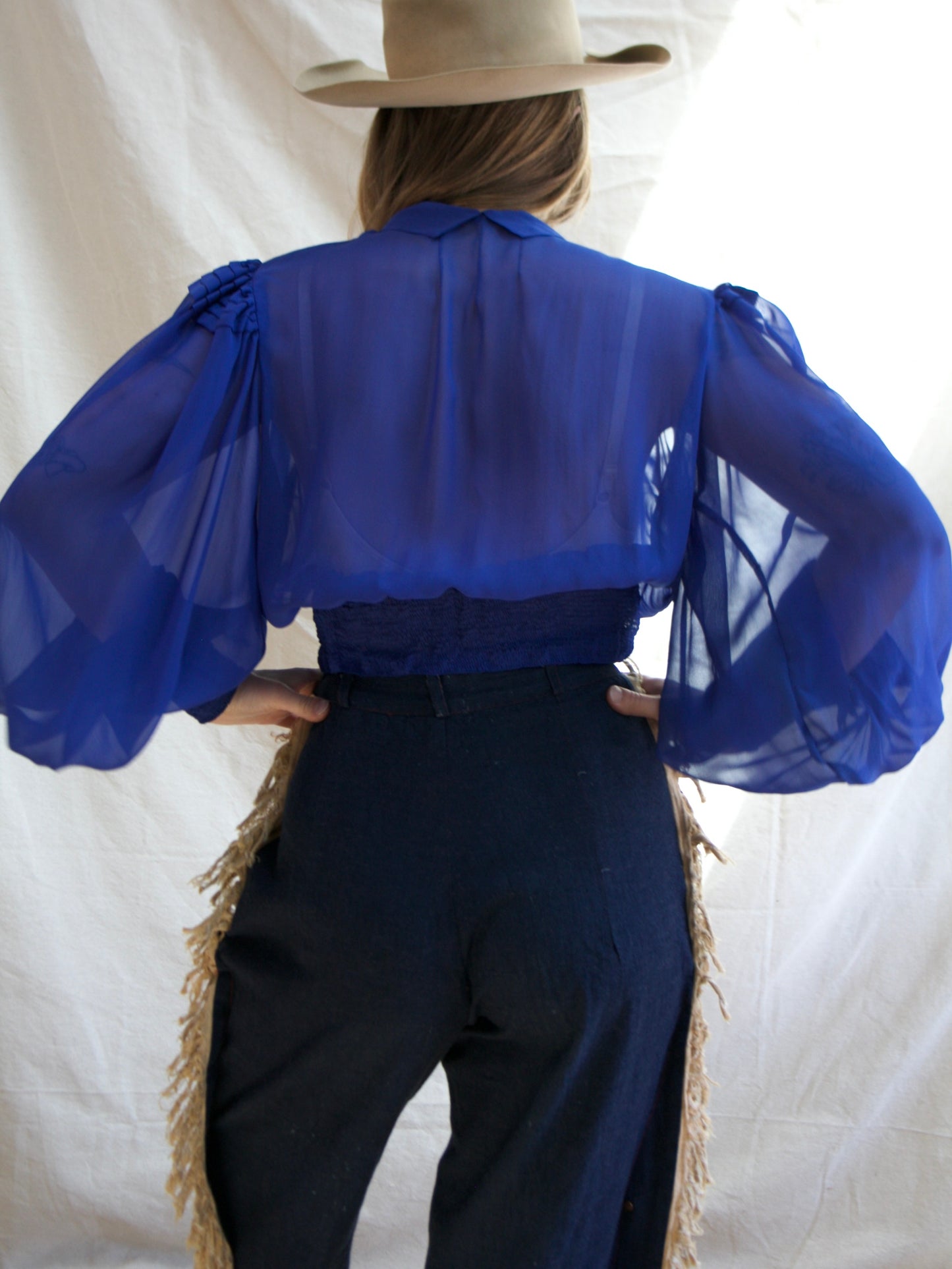 RARE 1940s Western Side Button Two Tone Built-in Chaps Fringe Denim