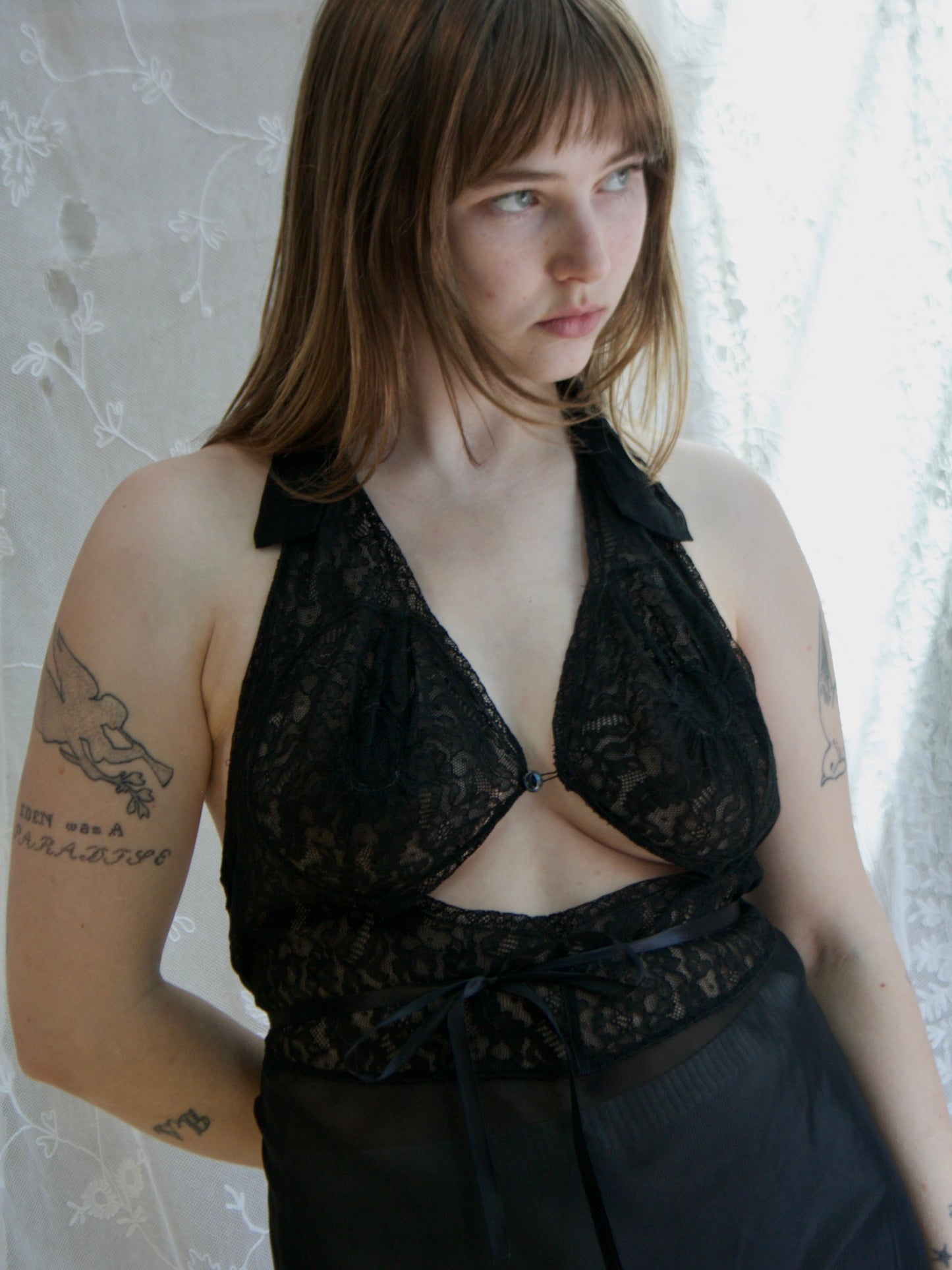1940s Sheer Rayon Halter Lace Midriff Cutout Lingerie Gown