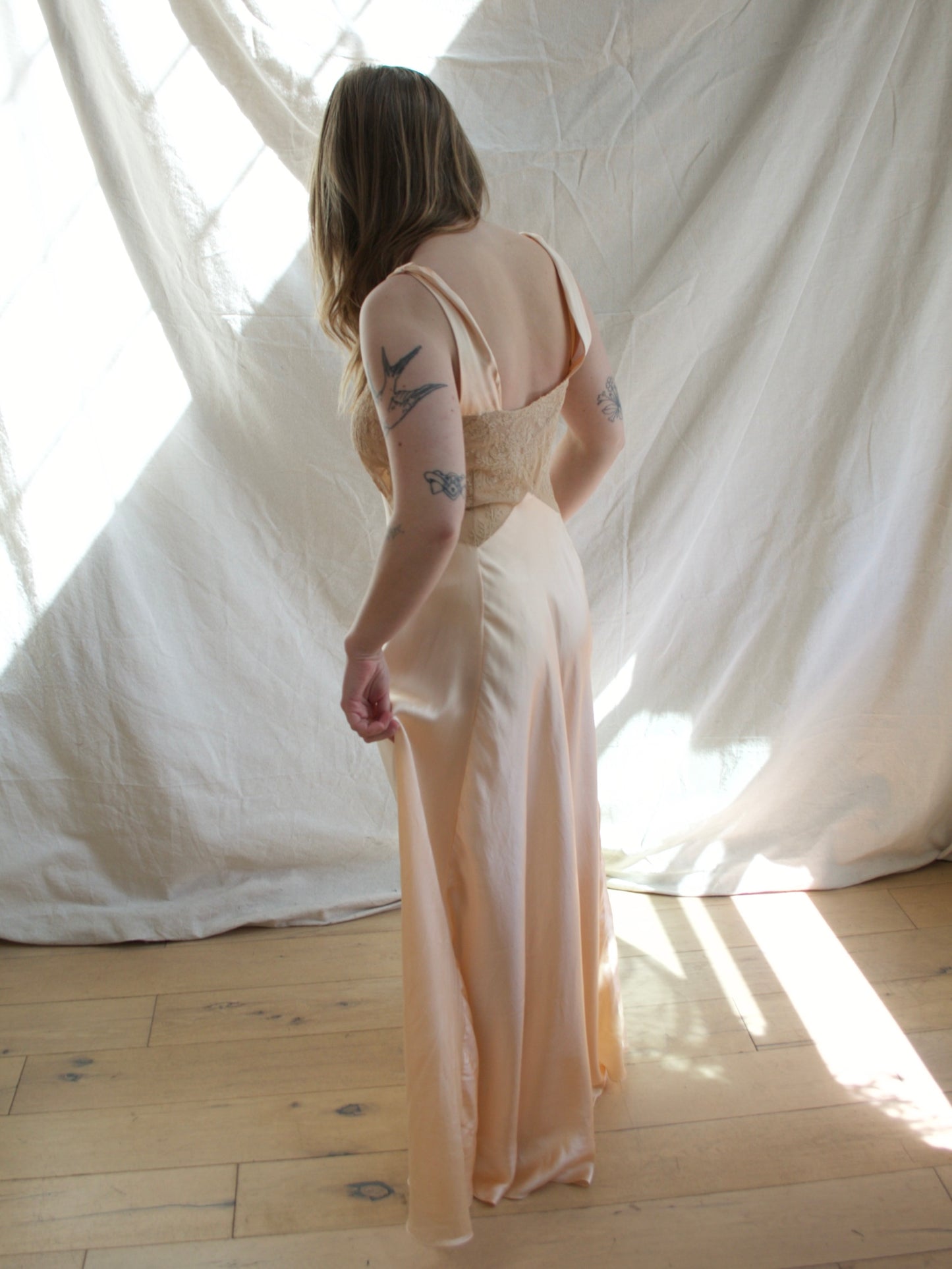 1930s Blush Pink Silk Ecru Lace Bias Cut Slip Gown