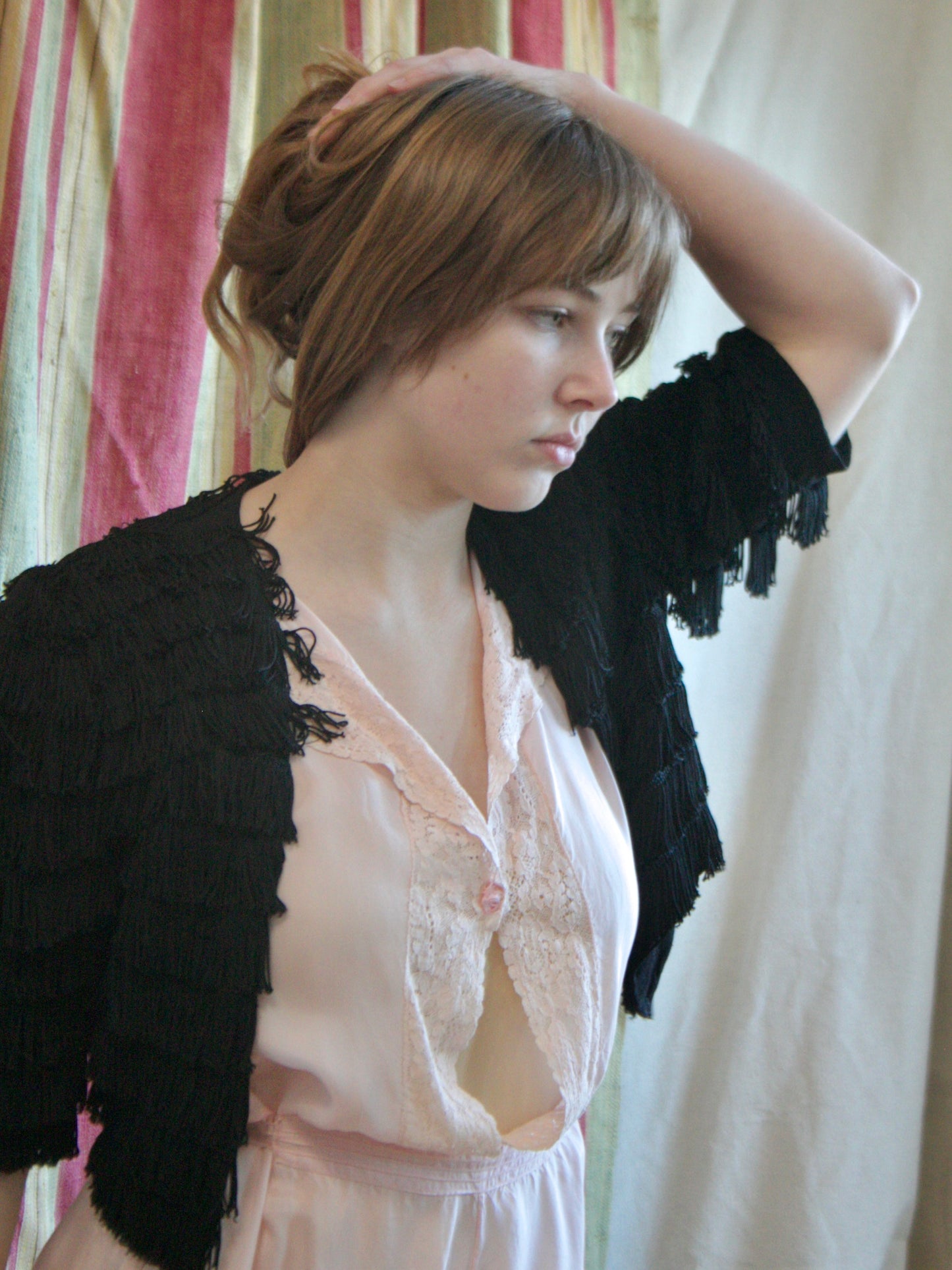 1930s Rayon Crepe Fringe Wrap Bolero Blouse