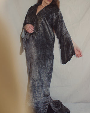 Rare Antique Late 1910s Geometric Printed Silk Velvet Trained Column Gown