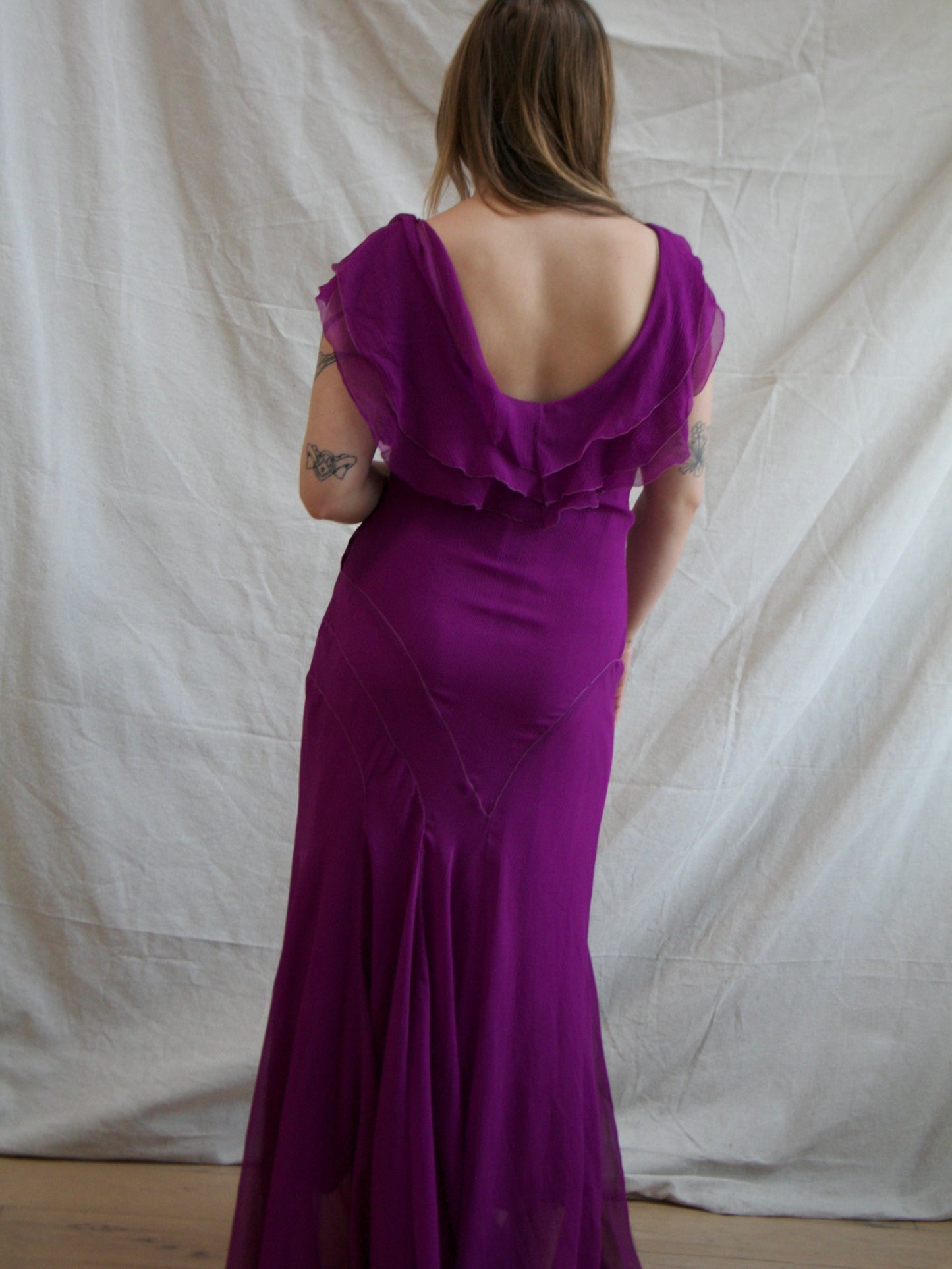 1930s Crinkle Chiffon Silk Fuchsia Plum Bias Cut Gown