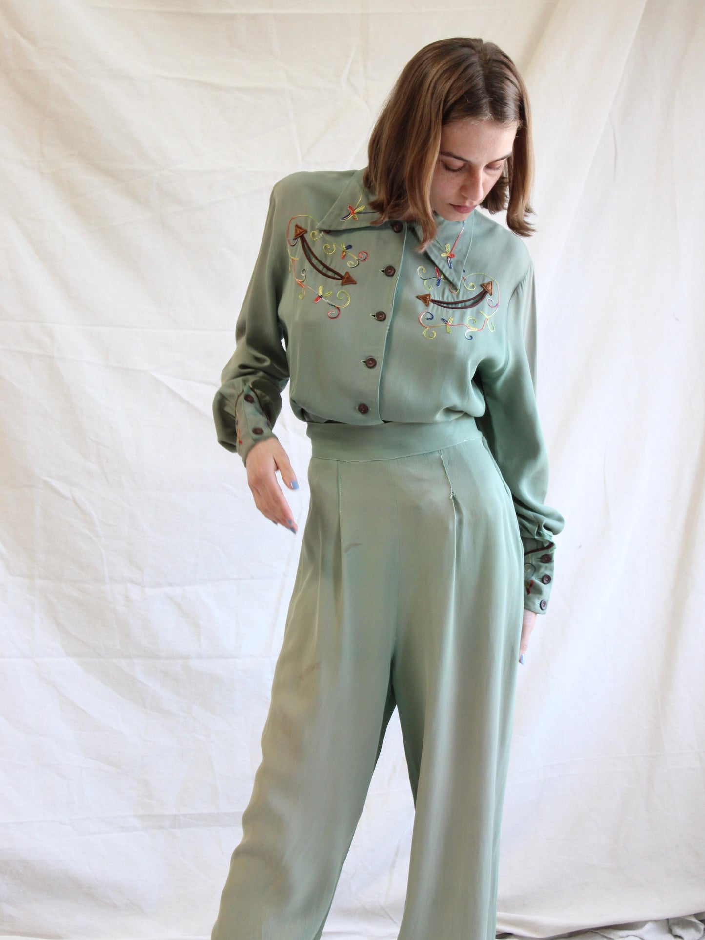 1940s Faded Green Gabardine Western Chain-stitched 2 PC Sportswear Set