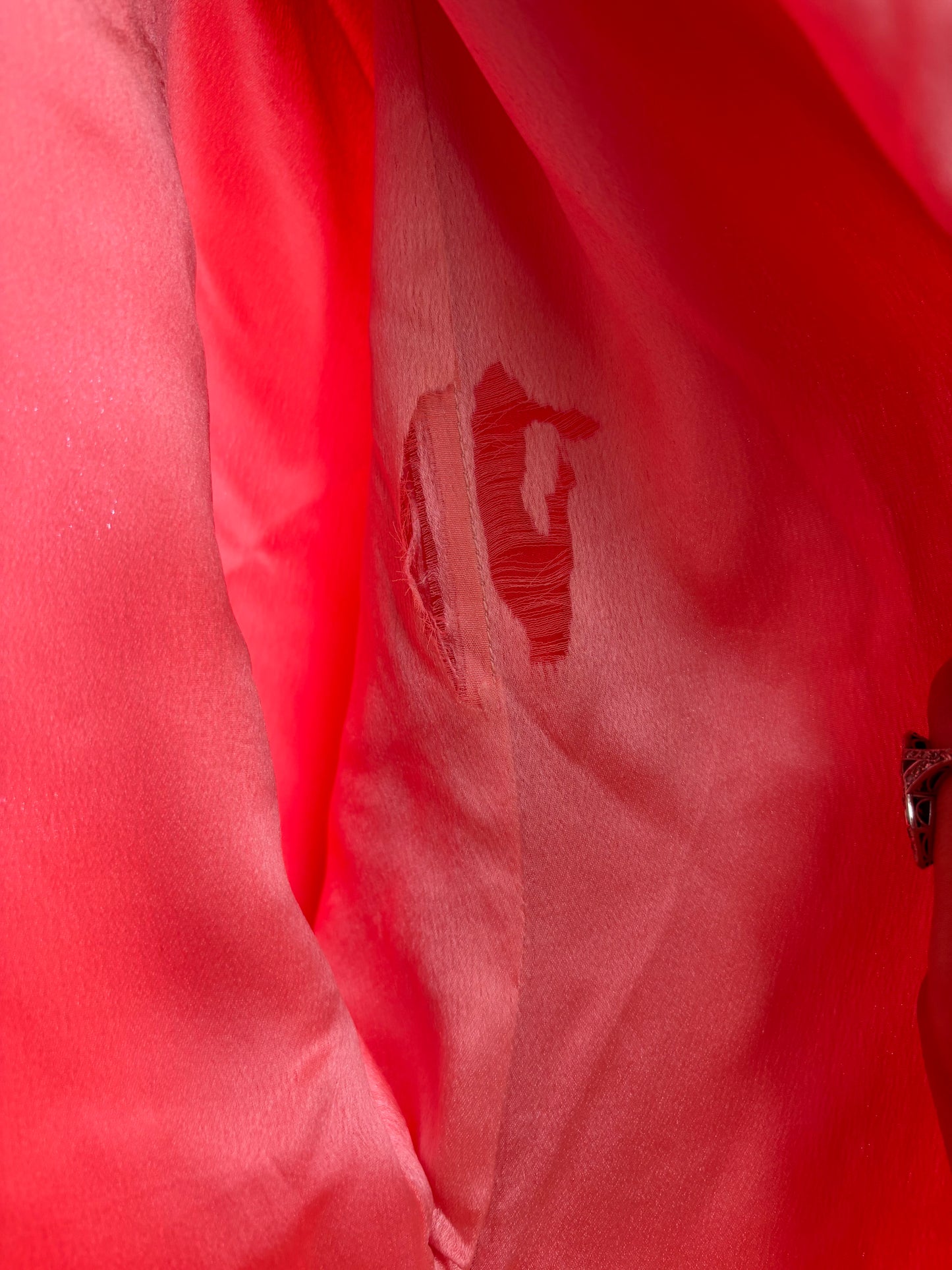 Antique 1920s Day-Glo Neon Coral Kimono Sleeve Silk Frog Closure Robe