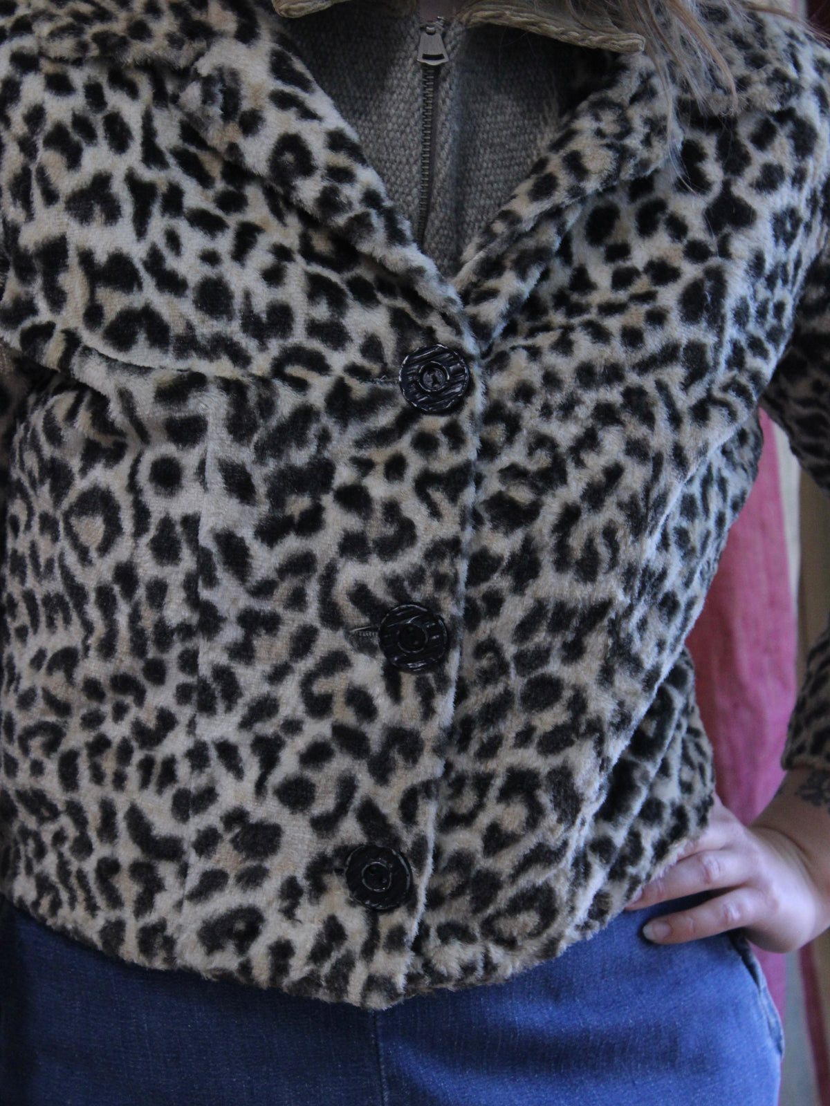 1950s Leopard Print Faux Fur Cropped Jacket