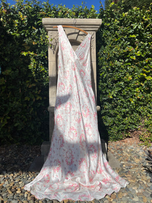 1940s Floral Wreath Rayon Satin Bias Cut Slip Dress