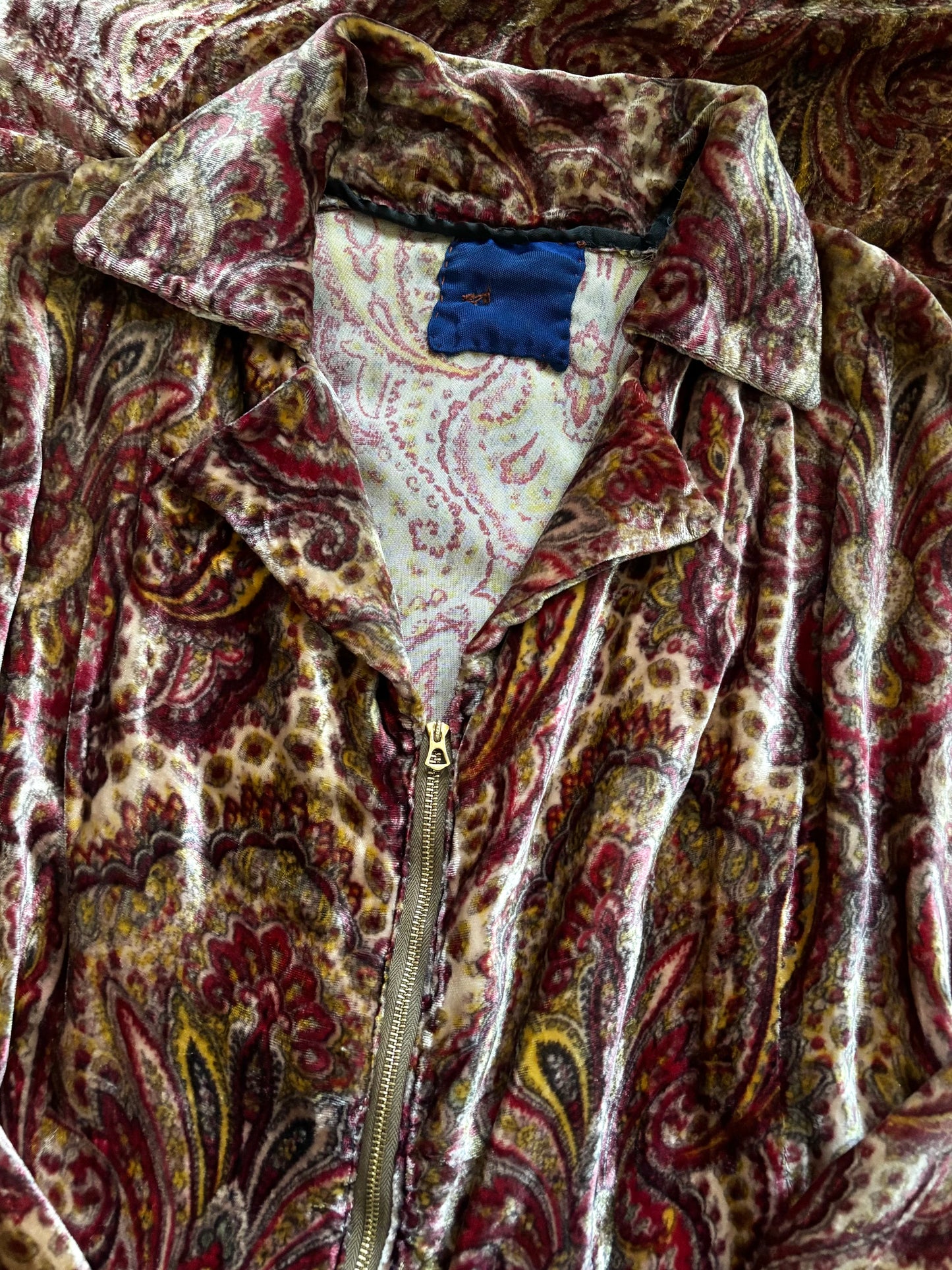 1930s Zip Front Paisley Silk Velvet Bell Sleeve Dressing Gown