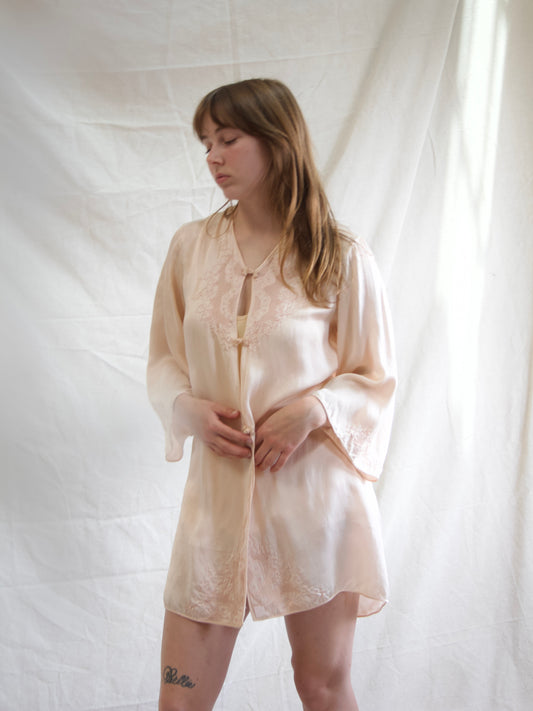 1930s Pale Pink Drawnwork Hand Embroidered Bell Sleeve Bell Boudoir Robe Jacket