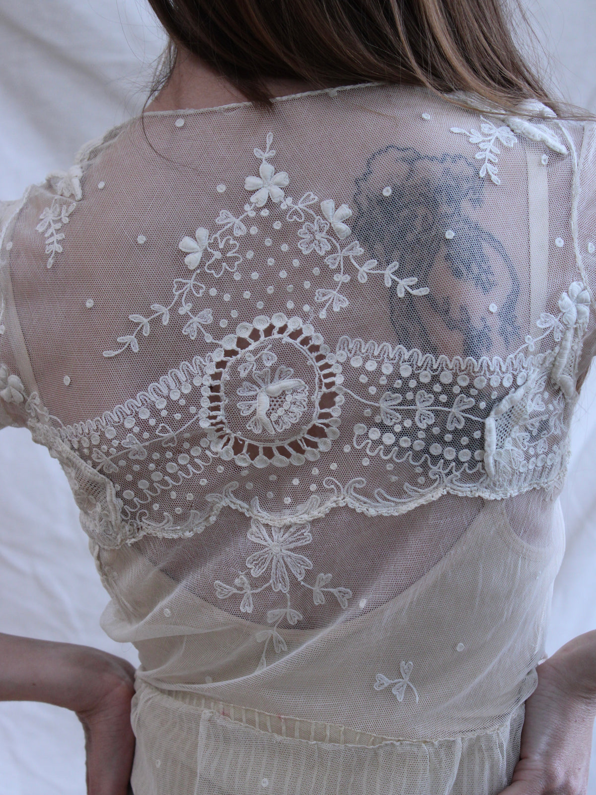 Antique Embroidered Tambour Lace Net Overlay Tea Length Gown