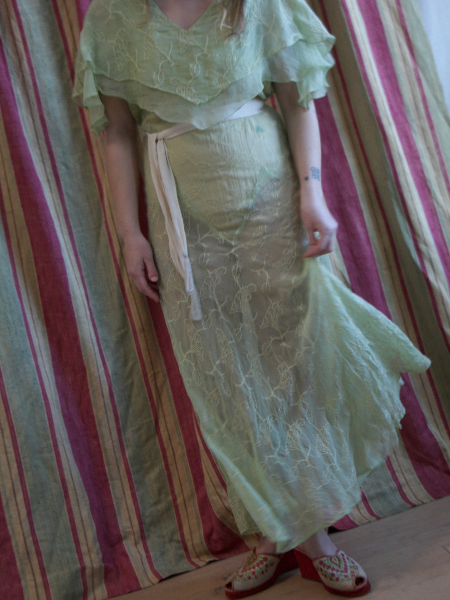 1930s Lime Embroideed Silk Chiffon Capelet Bias Cut Gown