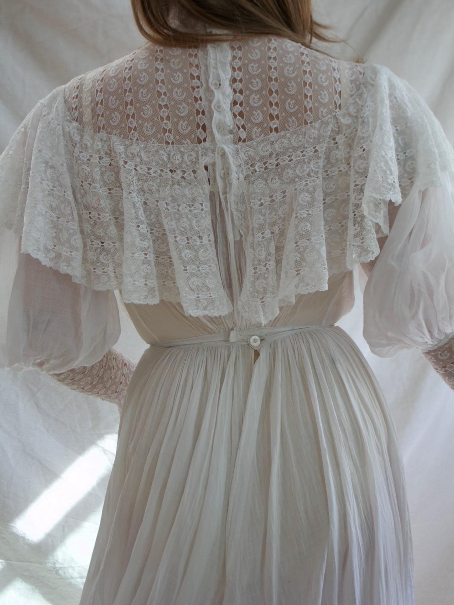 Antique Turn Of The Century Batiste Cotton Inset Lace Trained Mutton Gown